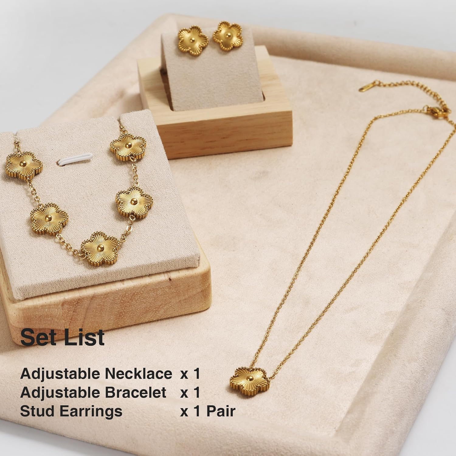 18K Gold Five Leaf Clover Jewelry Set - Complete Necklace Bracelet Earrings Gift Set for Women - Image 4