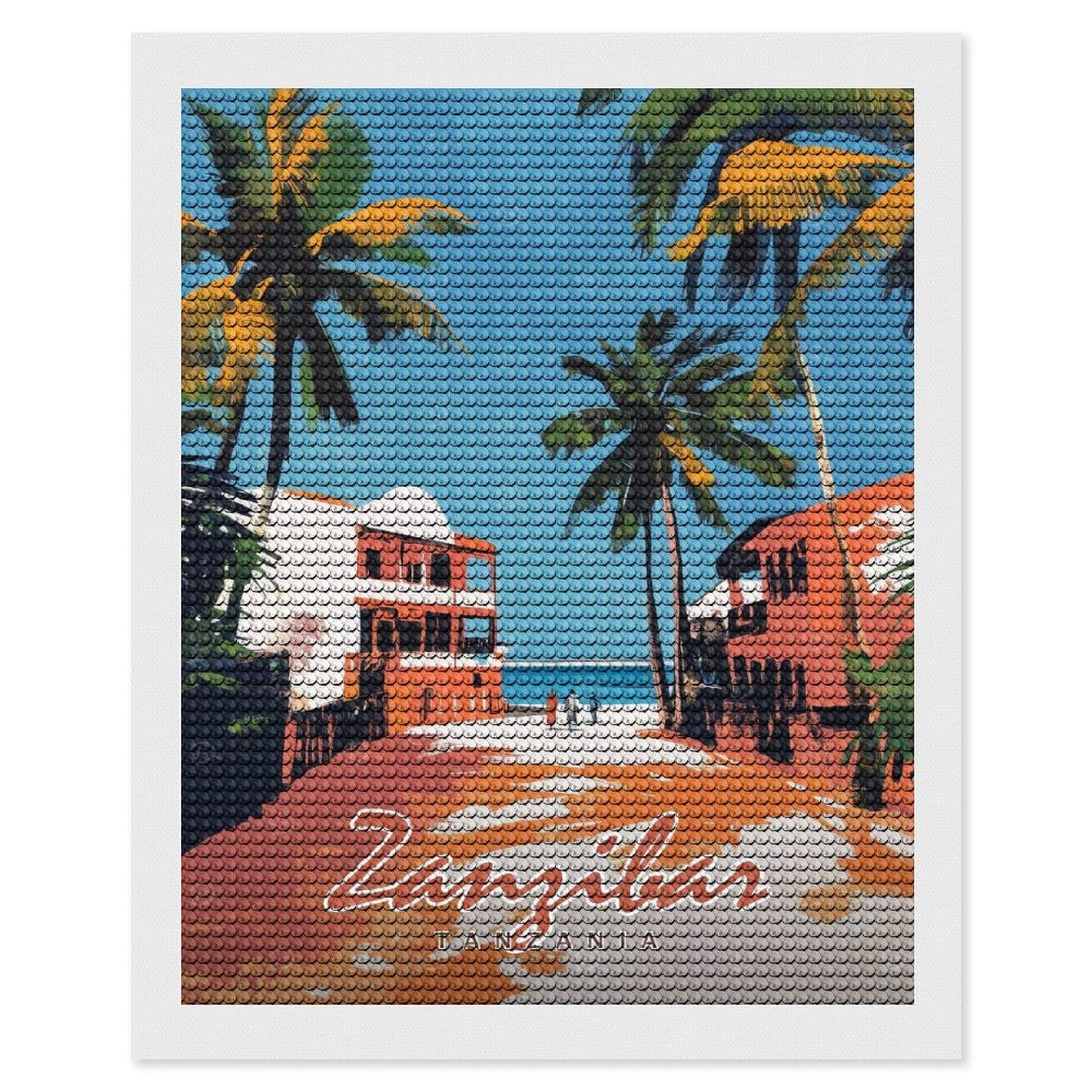 Junmoney Zanzibar Travel Diamond Painting Kit 16"x20", Thoughtful Handmade Gift, for Creative Relaxation, Printed Canvas, Cosy Home Accent