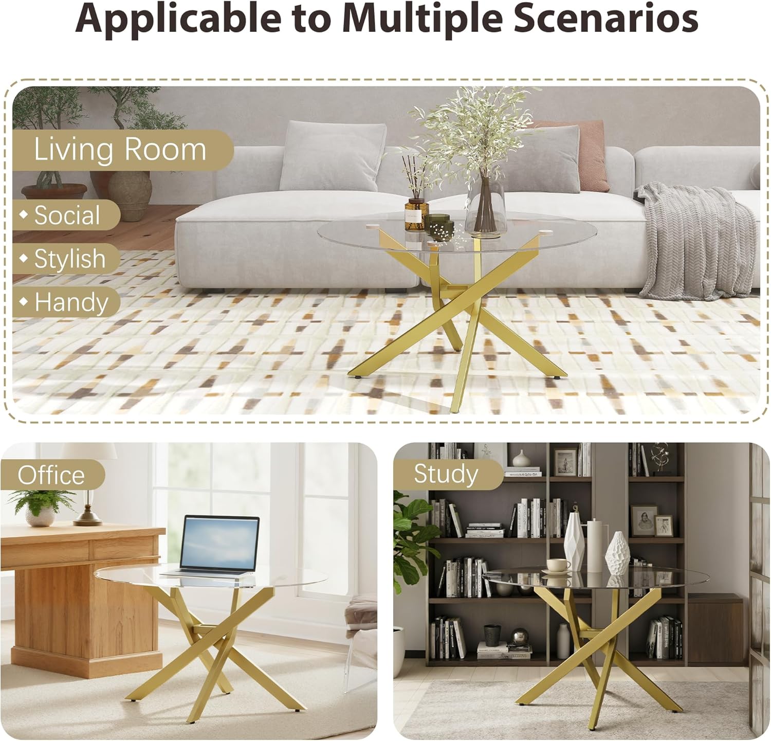 Glass Coffee Table, Round Coffee Table with Geometric Gold Metal Frame, Modern Minimalist Coffee Table for Decoration, Coffee Tables for Living Room, Study Room, Office