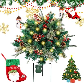 Pre-lit Artificial Christmas Tree Feel Real Urn Filler, Christmas Urn Fillers Outdoor Front Porch, Holiday Planter with Lights A-1pc