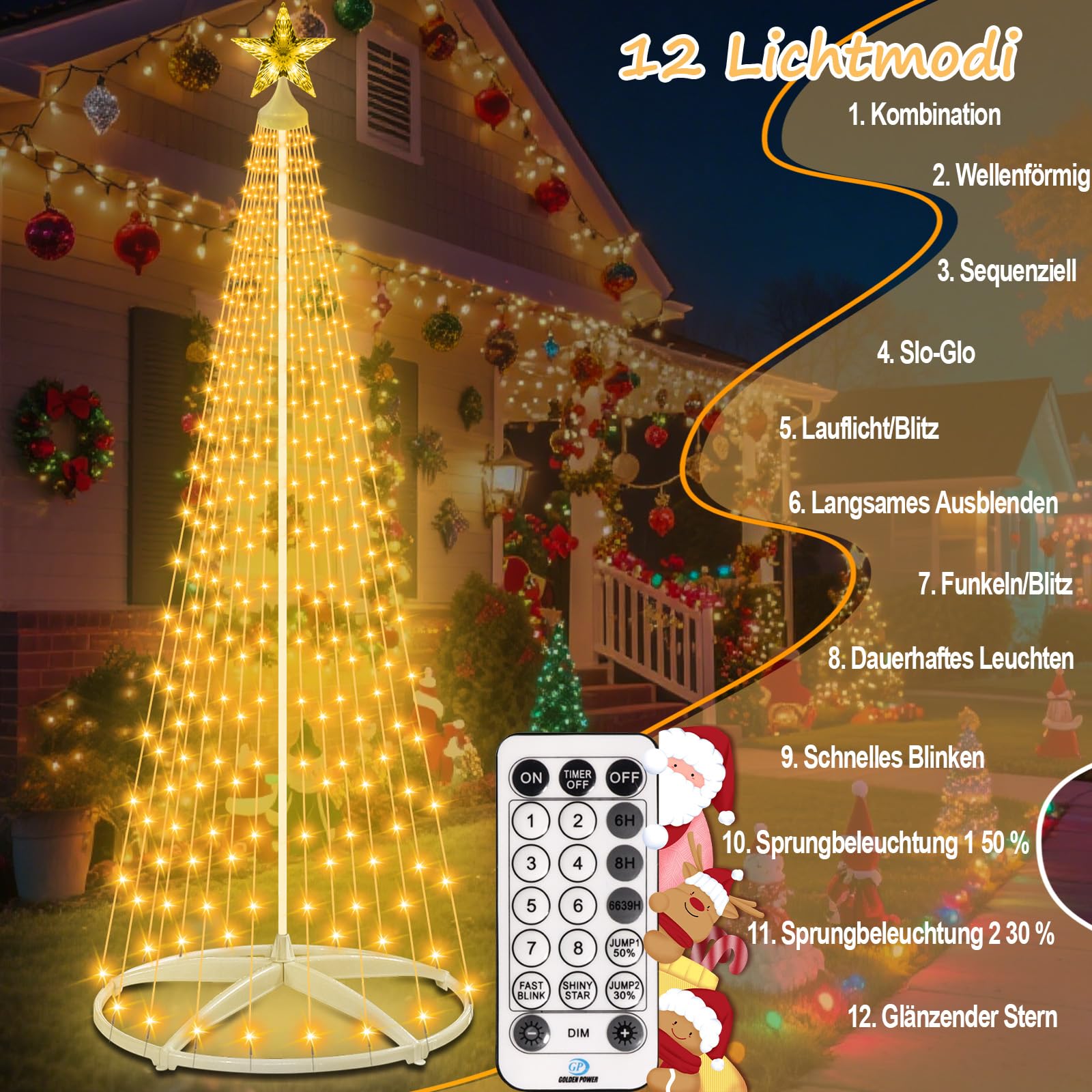 Christmas Cone Tree Lights, 2,28m 310 LED Décoration de Noël Extérieur, Sapin de Noel Lumineux, Guirlande Lumineuse d'Arbre de Noël,12 Modes, avec Télécommande pour Jardin ou Balcon (Blanc Chaud）