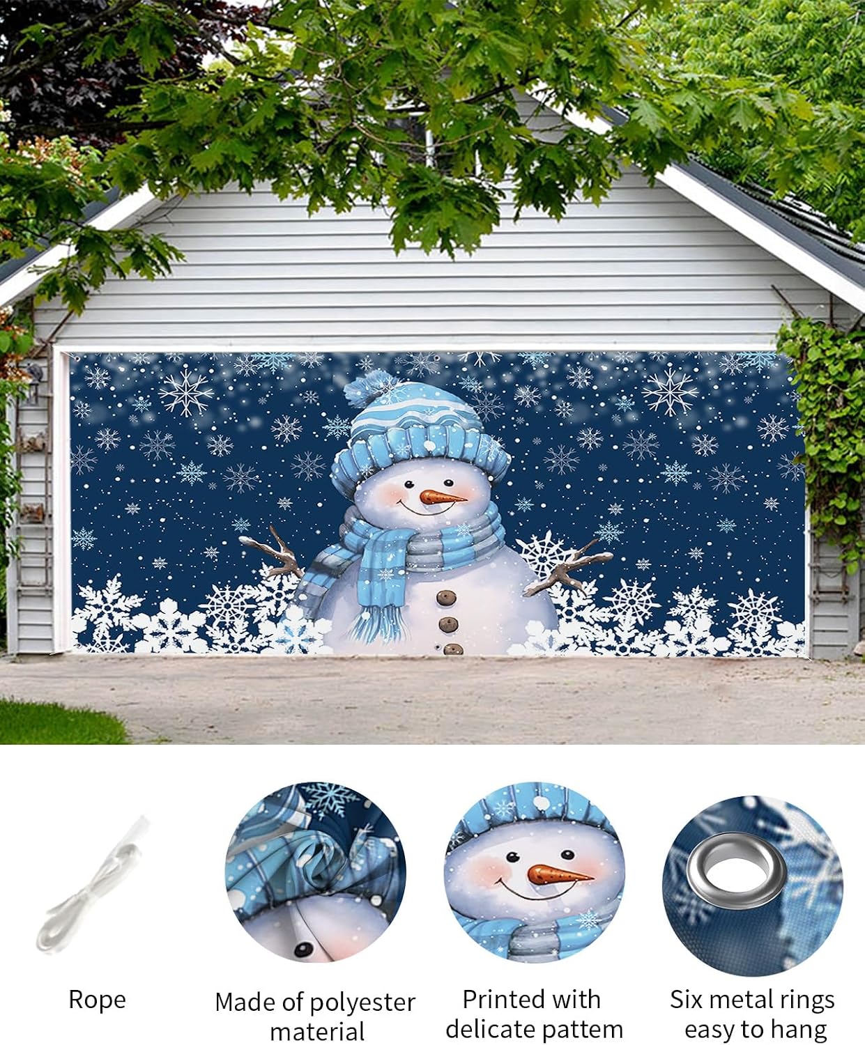 Christmas Garage Door Banner Cover 7 x 8 ft, Christmas Snowman White Snowflakes Dark Blue Christmas Garage Door Decorations Holiday Christmas Backdrop Decor for Winter New Year Xmas Party image 2