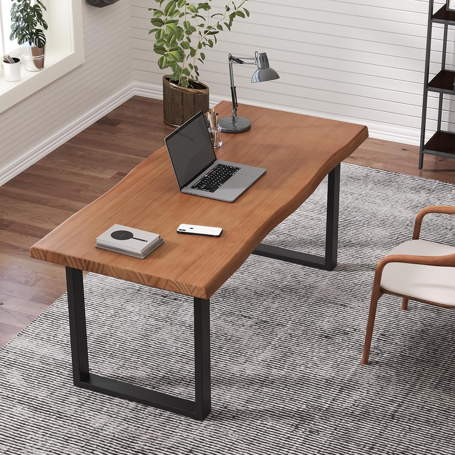 Solid Wood Office Desk with Metal Base Stylish Durable Multi-Size Options Executive Computer Desk or Dining Table Quality Solid Wood Design Perfect for Home Office or Work Environment (Tan55.12in)
