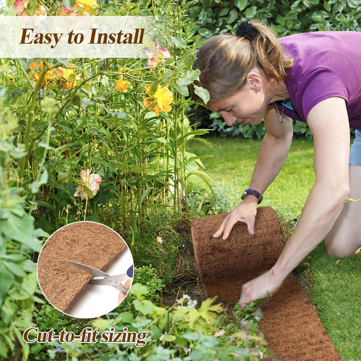 Natural Mulch for Landscaping 120" X 6.3", Coconut Fiber Mulch Mat Roll with 16 U-Shaped Steel Stakes, Garden Edging Border Mat Natural Looking Permanent Mulch Barrier for Plants Vegetables & Flowers
