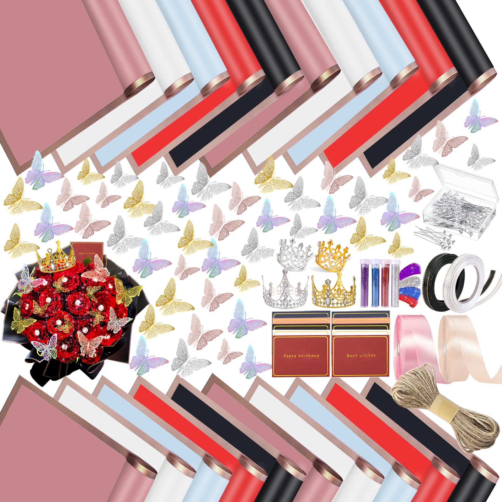 311Pcs Flower Wrapping Paper Kit with 100 Sheets Waterproof Floral Wrapping Paper 3D Butterfly Decor Crowns,Bouquet Pins Ribbons,DIY Crafts for Mother's Day Valentines Graduation Birthday Gift