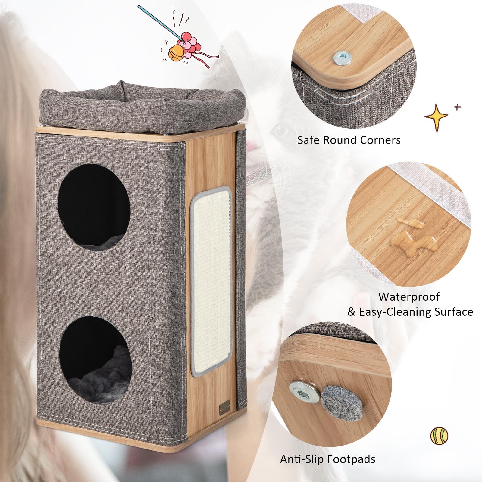 SOARS Tiragraffi per Gatti a Torre 77,5 cm, 3 Piani con 2 Grotte, Cuccia Albero per Gatti con Piastra Tiragraffi, Copertura Rimovibile e Cuscino, Tubo Stabile Ø38, Grigio e Naturale