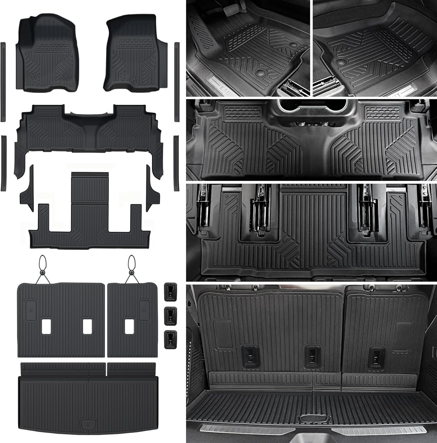 Floor Mats Set for 2021-2025 2026 Chevrolet Chevy Tahoe/GMC Yukon 7 Seat Bucket Seat Accessories(Not for Yukon XL), All Weather TPE Cargo Mat Liner Backrest Mat Door Sill Protectors