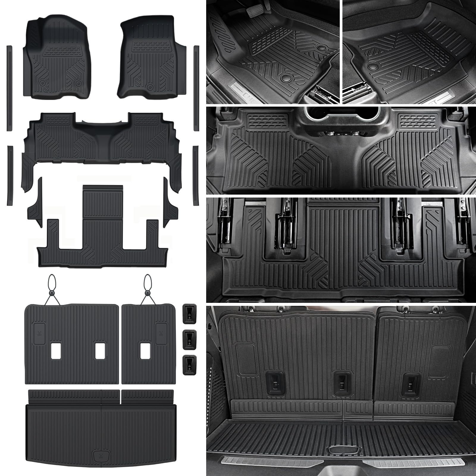 floor mats set for 2021-2025 2026 chevrolet chevy tahoe/gmc yukon 7 seat bucket seat accessories(not for yukon xl), all weather tpe cargo mat liner backrest mat door sill protectors