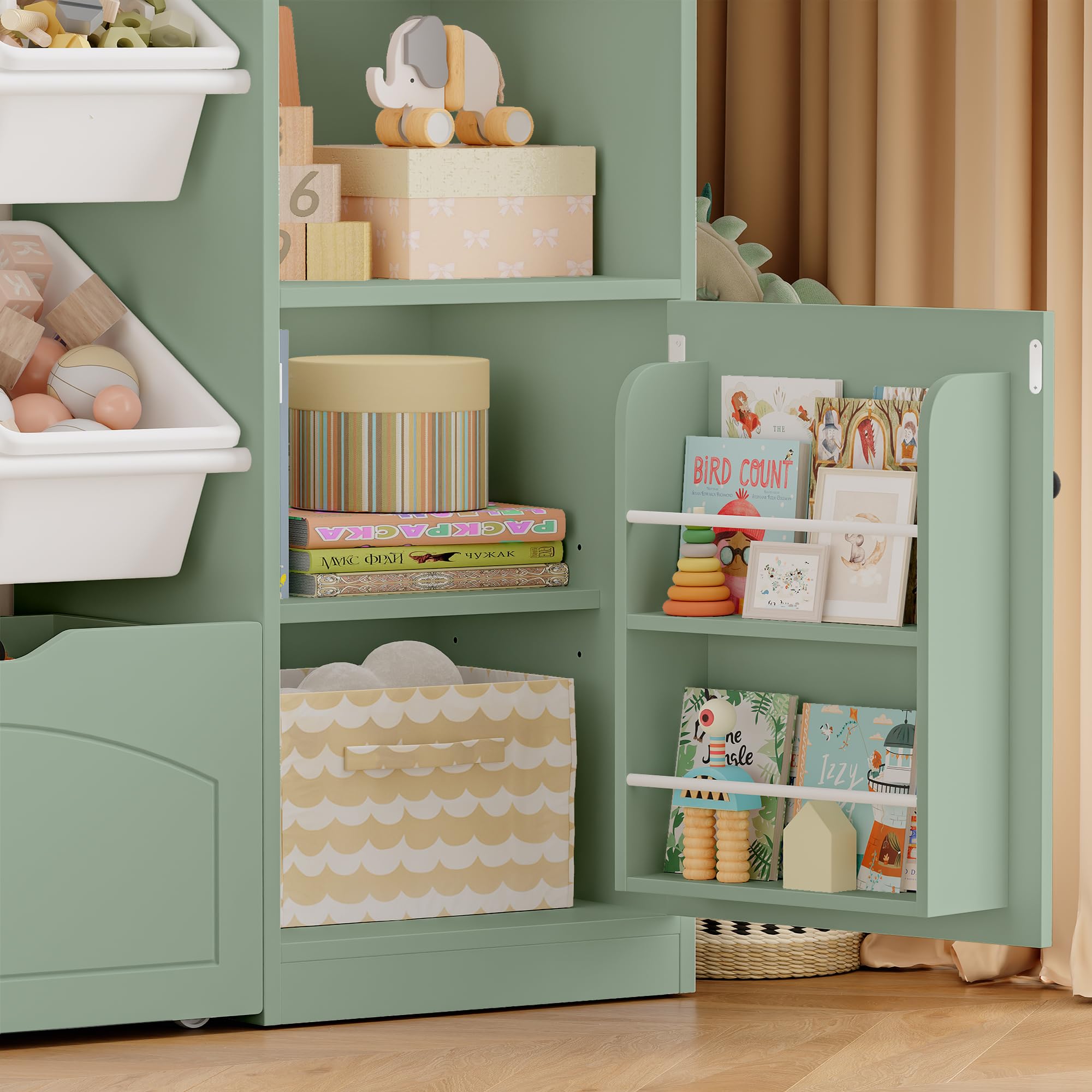FOREHILL Meuble Rangement Enfant Bibliothèque Enfant avec 15 Étagères 6 Boîtes Amovibles 1 Tiroirs Roulants 2 Portes Rangement Jouet pour Chambre d'enfants Salle de Jeu 140x33x108.2cm Vert