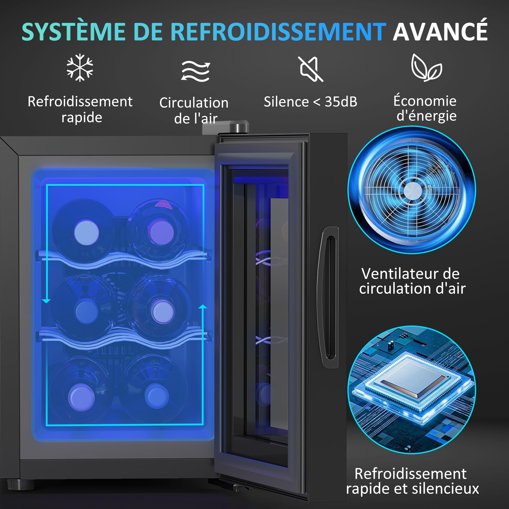 HOMCOM Cave à Vin 6 Bouteilles 17L, Réfrigérateur à Vin Silencieux, Porte en Verre, Éclairage LED, Écran Tactile, Contrôle Température 8-18°C, Protection UV, Noir