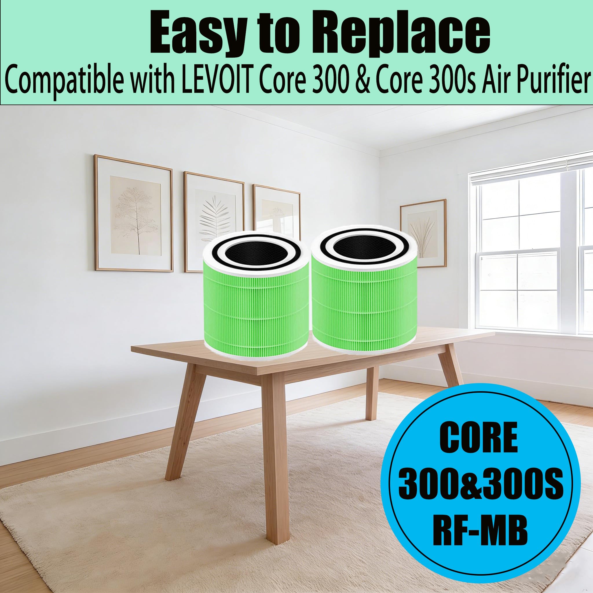 Core 300 Lot de 2 filtres anti-moisissures et bactéries compatibles avec purificateur d'air LEVOIT Core 300/Core 300s, filtre composite HEPA 3 en 1, pièces de rechange Core 300-RF-MB, vert