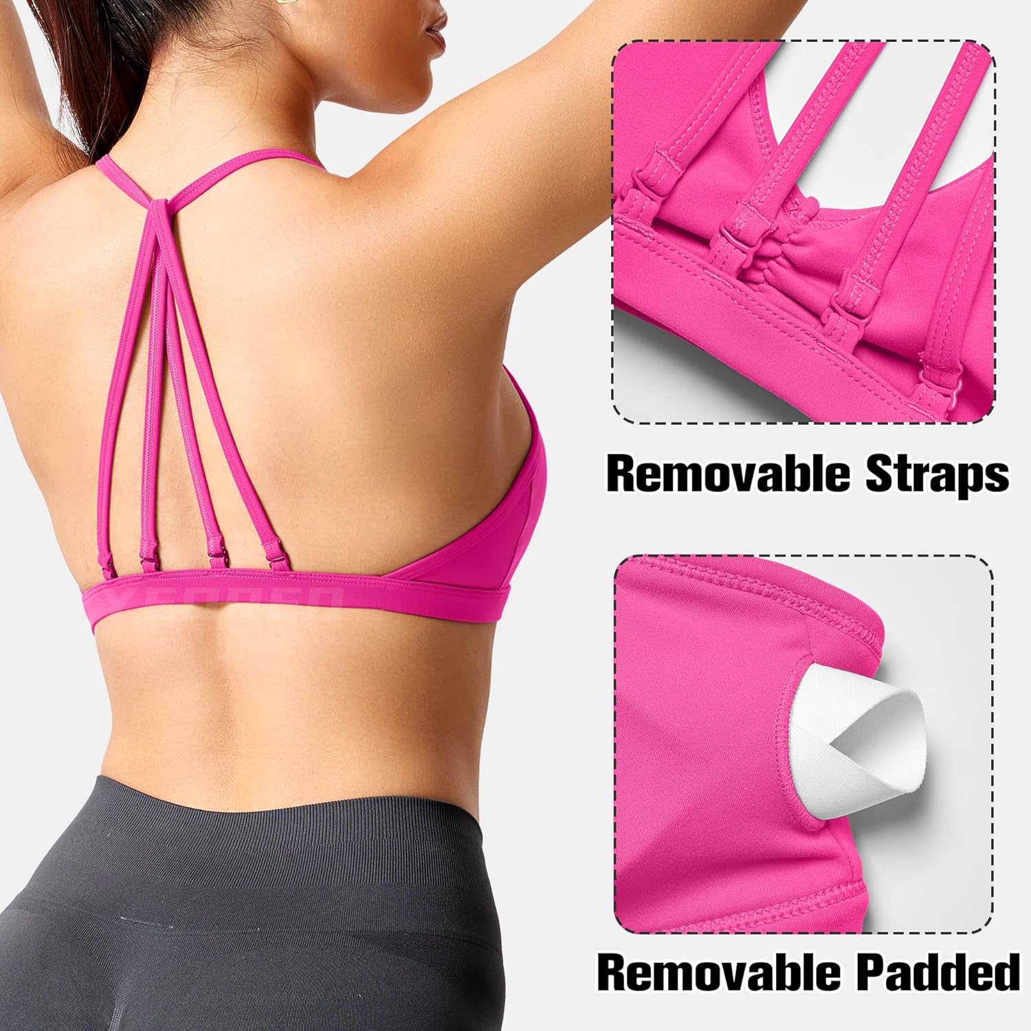 YEOREO Workout Sports Bras for Women Padded Strappy Open Back Gym Bra Light Impact Criss Cross Yoga Crop Top - Image 2