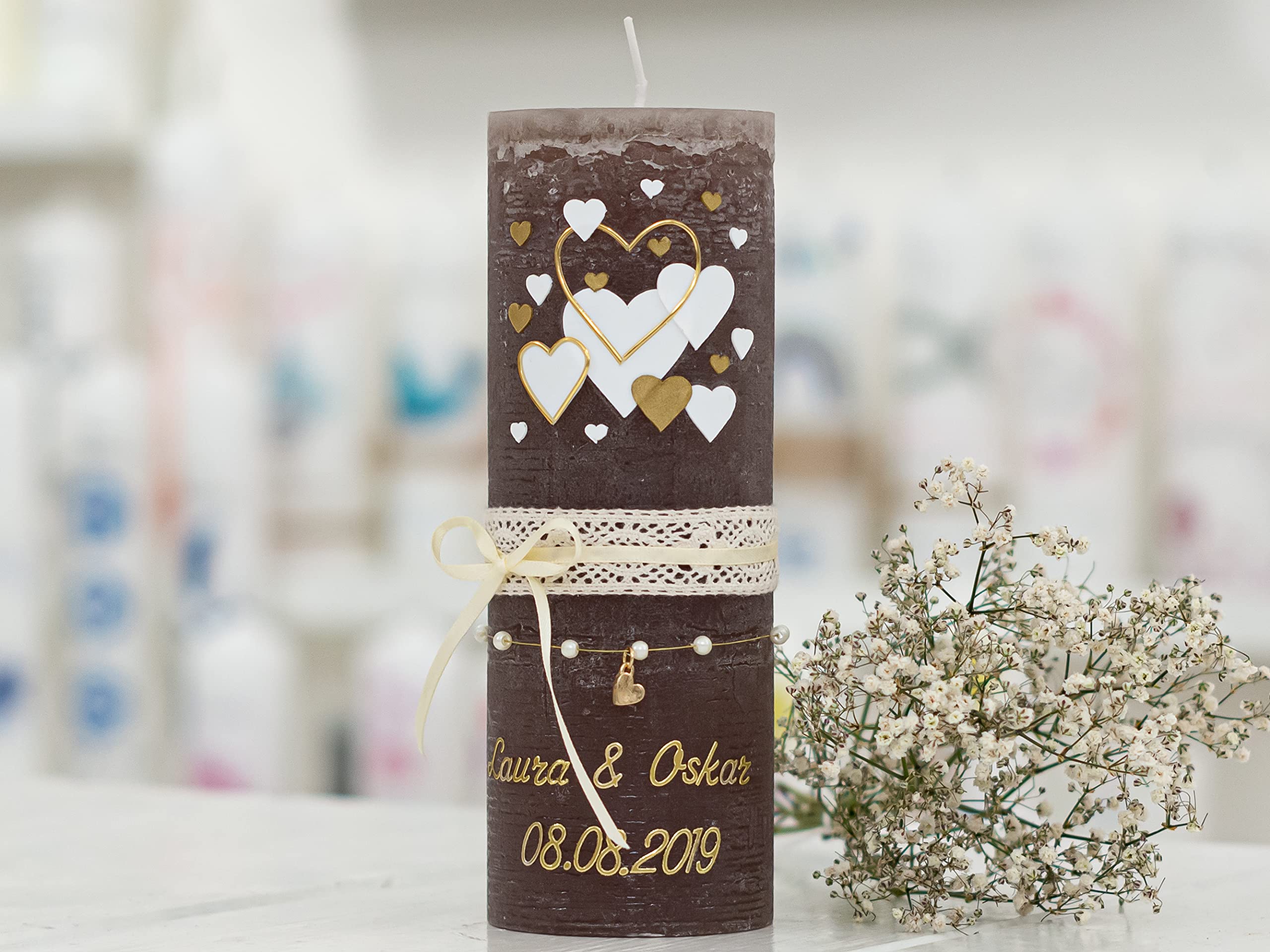 Hochzeitskerze Rustik Mallow Traukerze mit Namen und Datum, individuell, persönlich u. handgemacht 17217