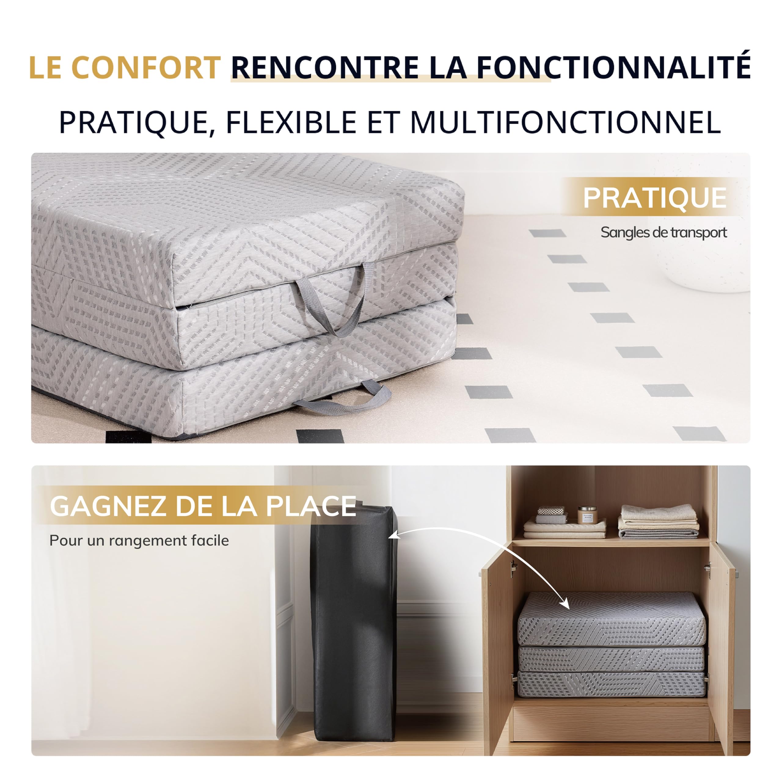 EGO HOME Składany materac, 75 x 195 cm, wysokość 10 cm, składany materac dla gości, stopień twardości H3, 3-częściowy materac piankowy Visco z żelu, na podróż, kemping, podłogę, łóżko dla gości