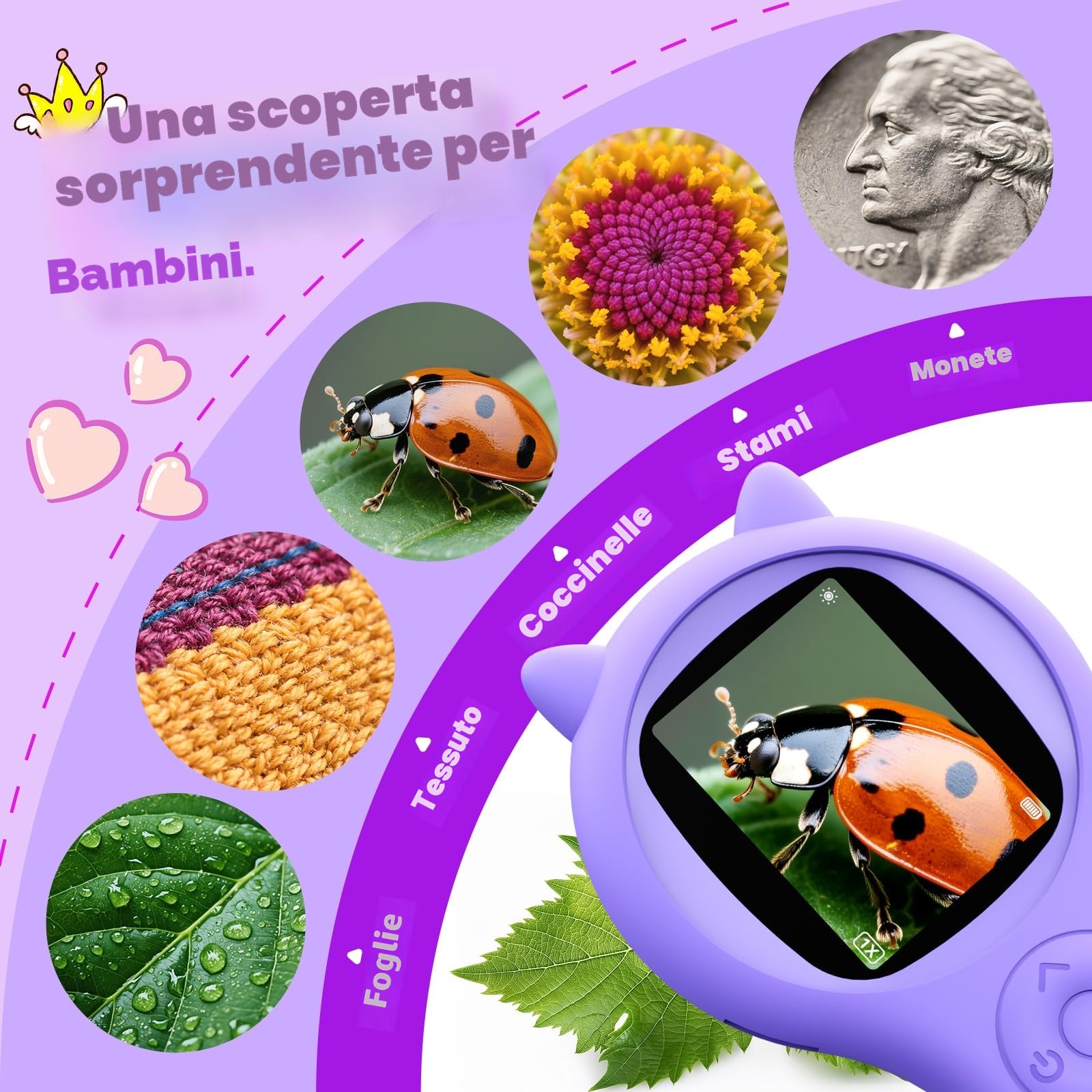 Microscopio per Bambini 200X - 2 Pollici Portatile Con 8 LED Regolabili, Digitale Con Registrazione Foto e Video, Regalo di Natale per 3-12 Anni (Viola)