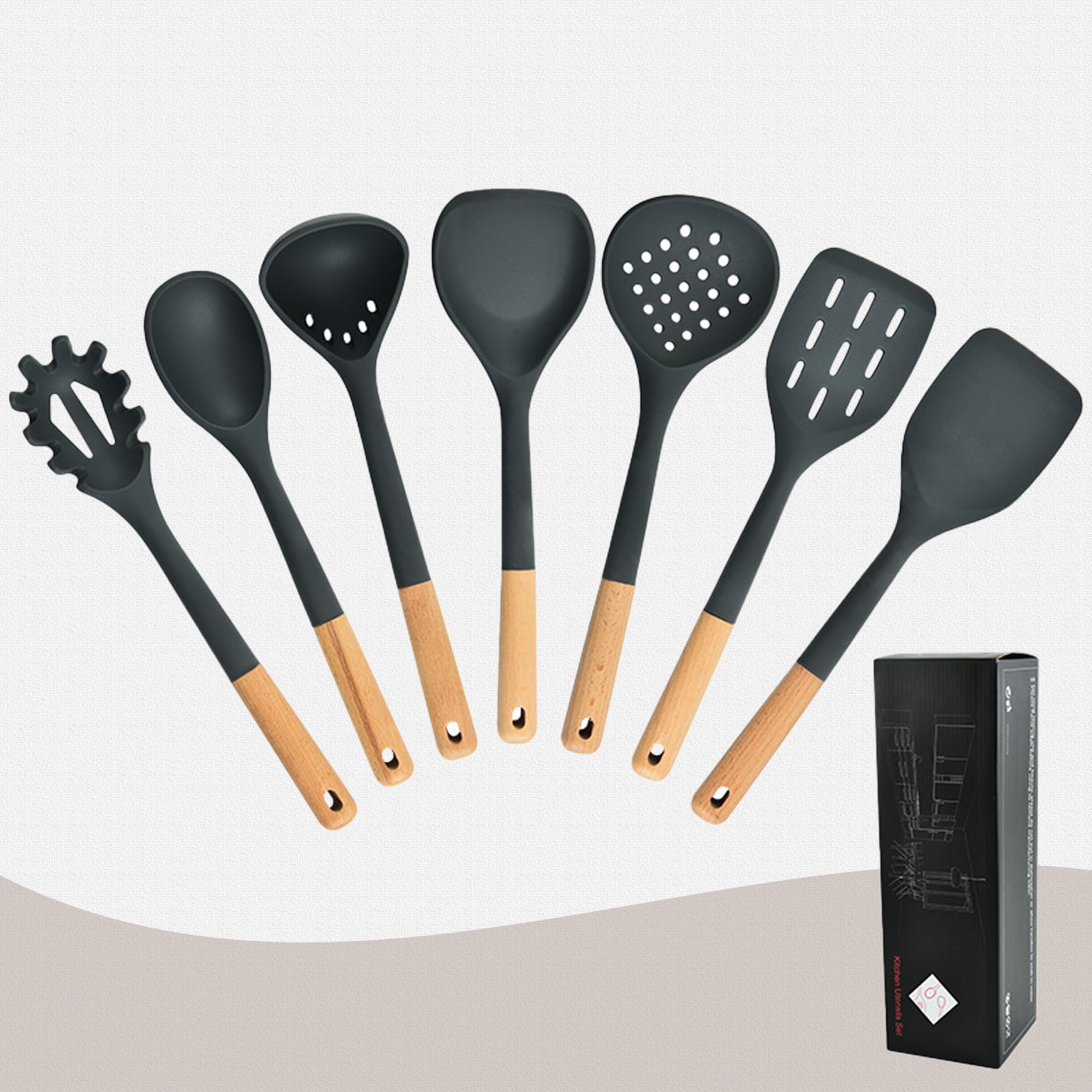 Juego de 7 utensilios de cocina con mango de madera, cabeza de silicona antiarañazos + nailon resistente al calor (cuchara ranurada, cuchara sólida, colador para pasta, espátula) para utensilios de
