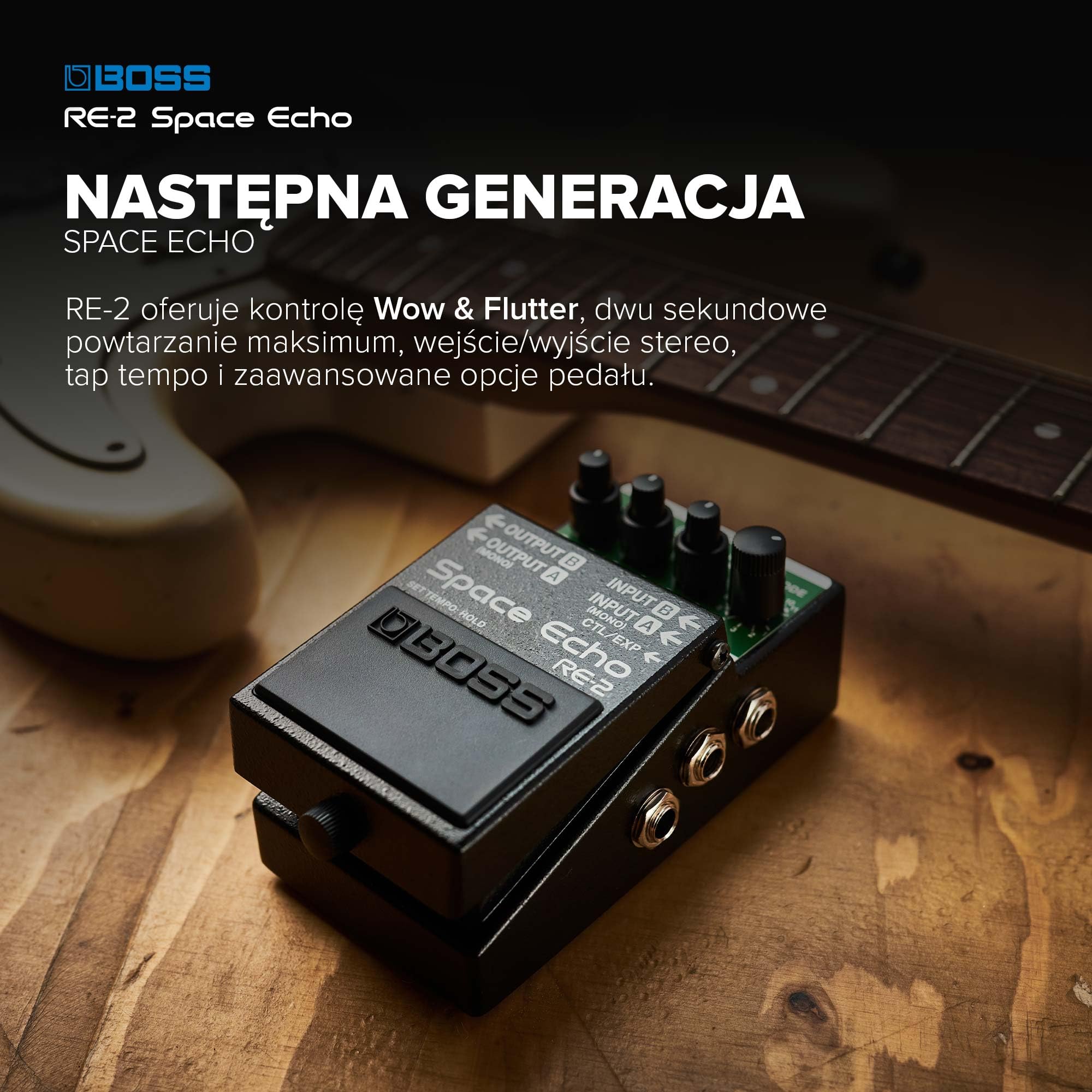 BOSS RE-2 Space Echo | Tape Delay Reverb Efekt Pedał | Nowoczesna, Kompaktowa Rekonstrukcja Legendarnego Roland RE-201 Space | True Stereo | Spring Reverb | Wow & Flutter