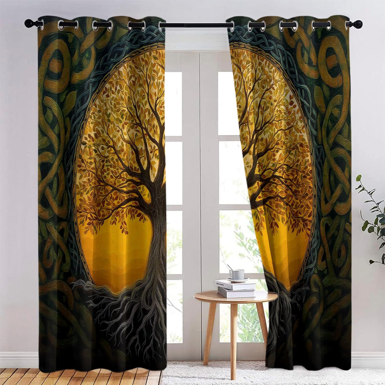 Generisch Lebensbaum Kunst 2er Set Verdunkelungsvorhänge mit Ösen, Ölgemälde-Stil Blickdicht Thermo Isoliert Vorhänge für Wohnzimmer & Schlafzimmer, HxB 166 x 75 cm