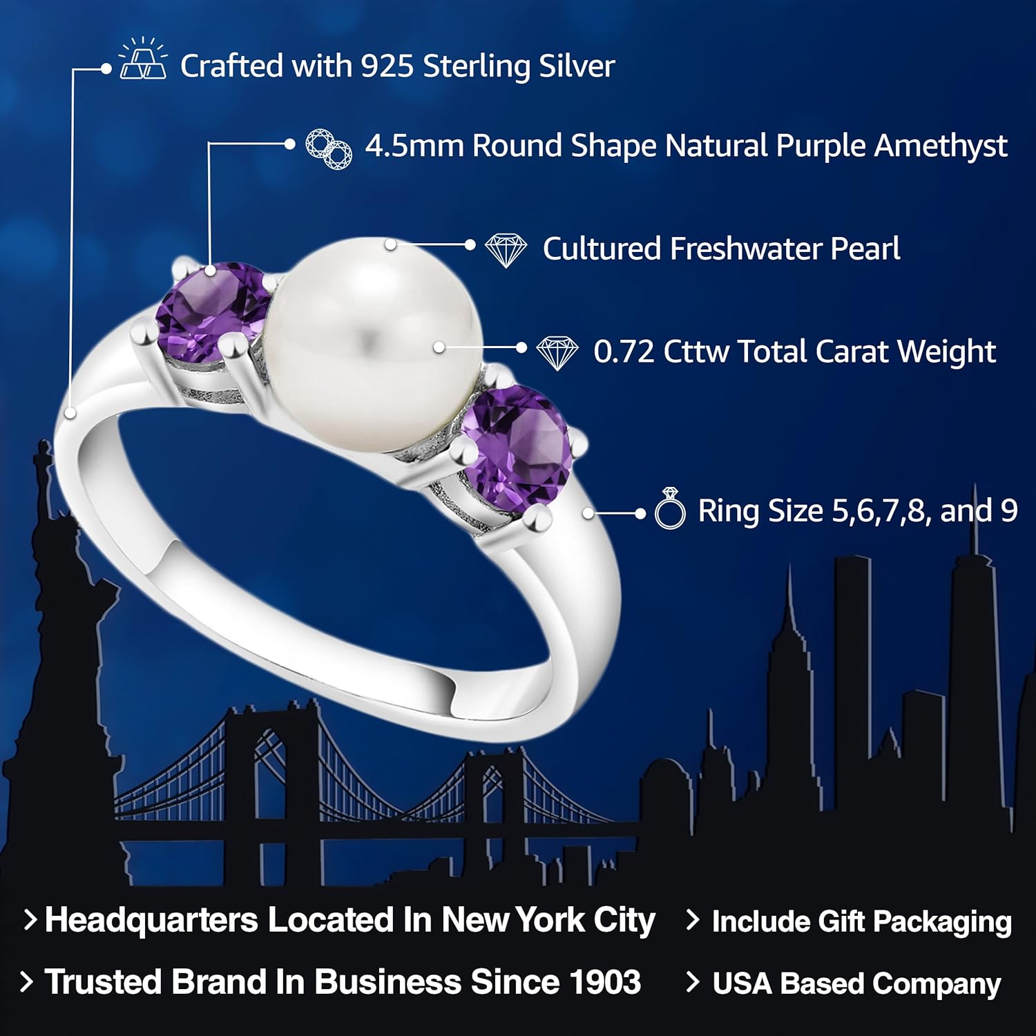 Gem Stone King Freshwater Pearl and Purple Amethyst 3-Stone Ring For Women | 925 Sterling Silver | 0.72 Cttw | Gemstone February Birthstone | 3 Stone Wedding Engagement Anniversary Promise Ring