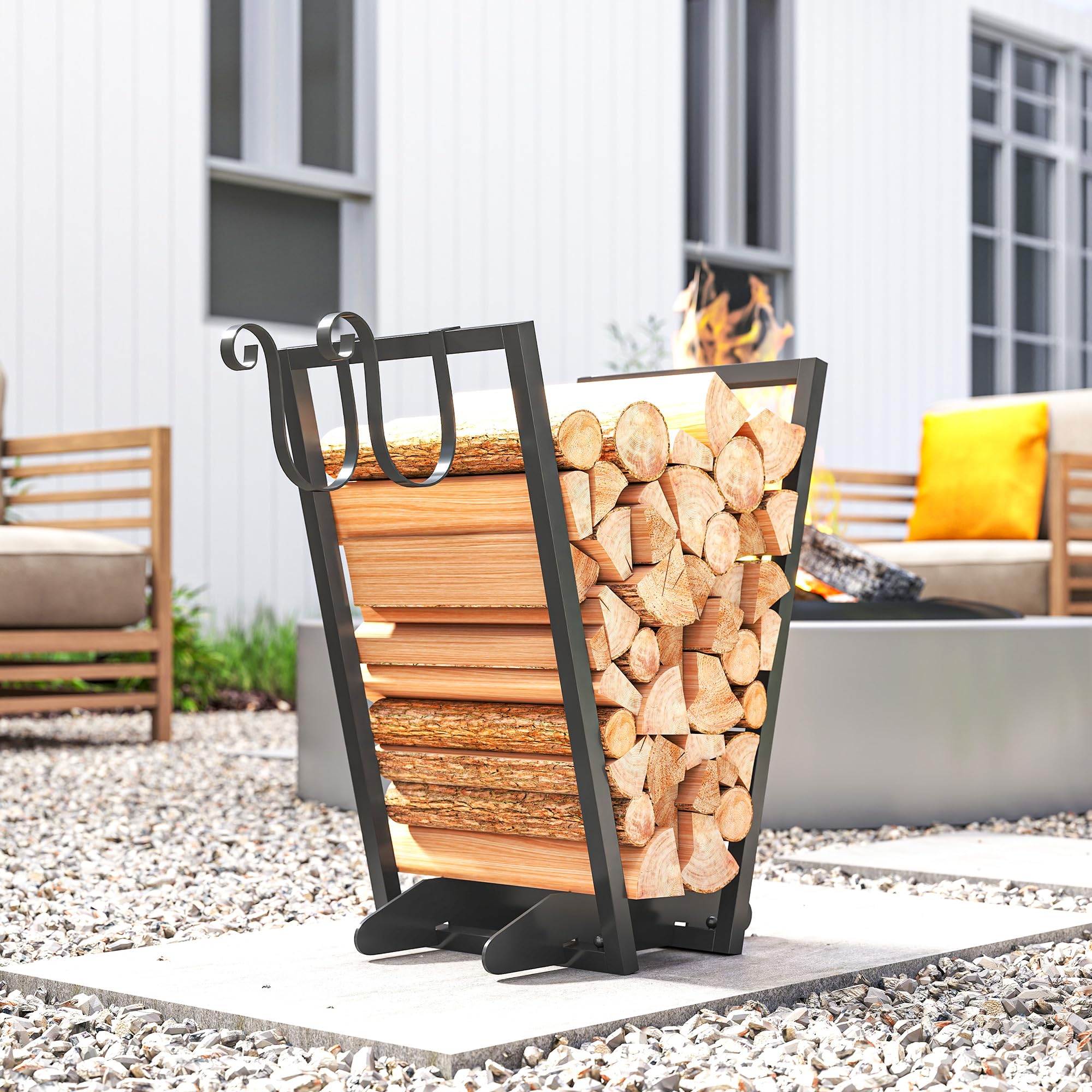Outsunny Scaffale Portalegna da Esterno e Interno con Ganci in Acciaio, Legnaia Design Moderno con Base Rialzata, 45x32x58cm, Nero