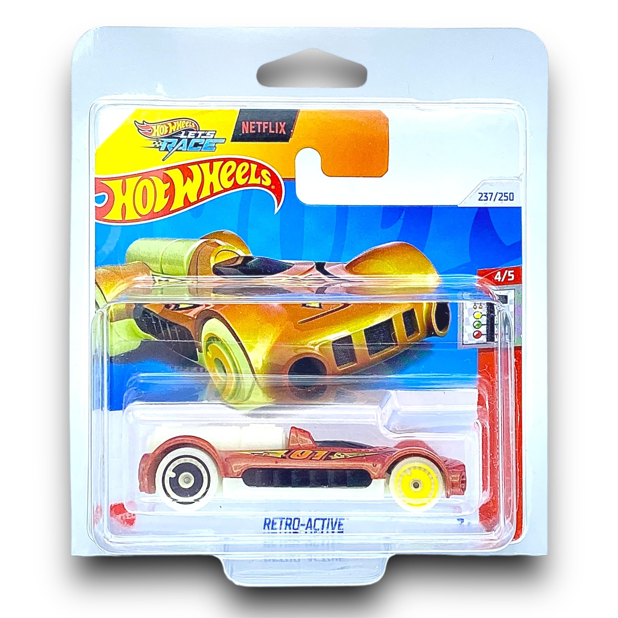 Hot Wheels Retro-Active (Glow in the Dark & Orange Let's Race) 4/5 Quarter Mile Heroes - 2024-237/250 (Short Card) - includes a KLAS Car Keeper Protector Case - HTB86