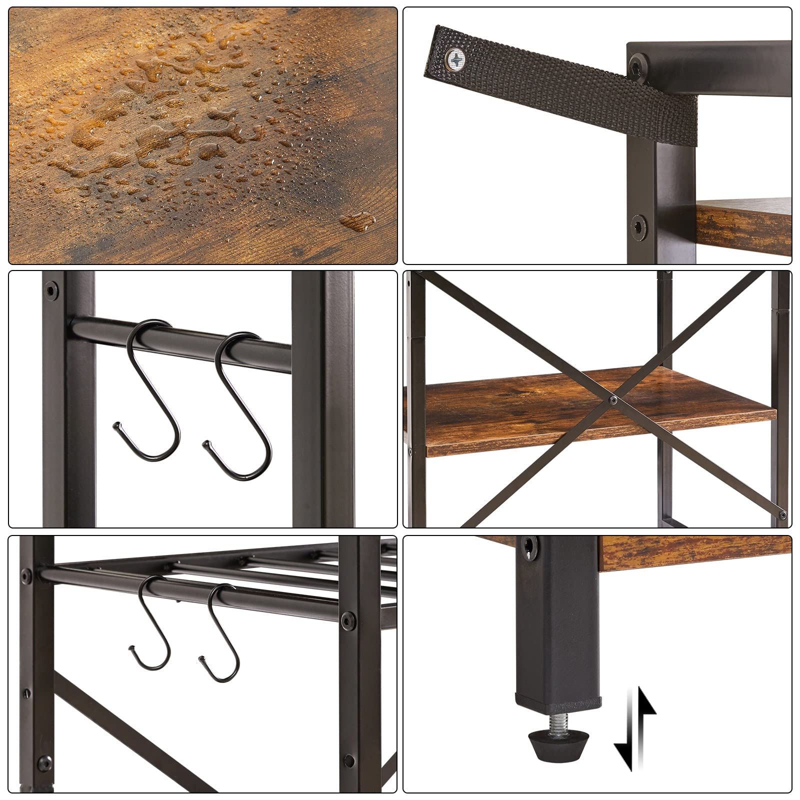 YMYNY Küchenregal, Bäckerregal Standregal mit Haken, Mikrowellenregal mit 6 Ablagen, Weinregal, Industrie Design, Mehrzweck-Organizer, für Mikrowelle, Kochutensilien Braun-schwarz HBR003H