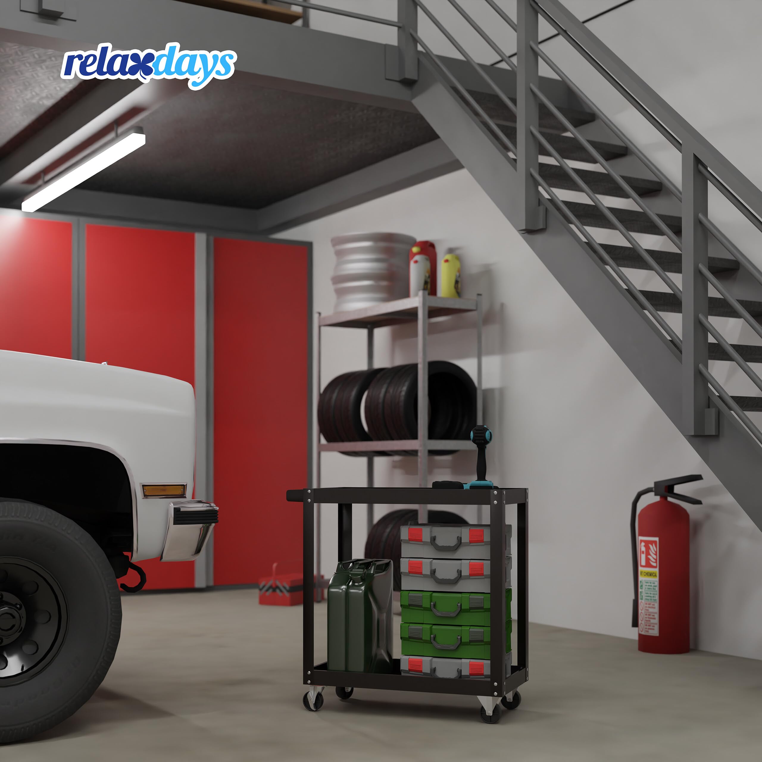 Relaxdays Werkstattwagen, Werkzeugwagen mit 2 Ebenen, mobiler Montagewagen, bis 100 kg, HxBxT: 76 x 78 x 35 cm, schwarz