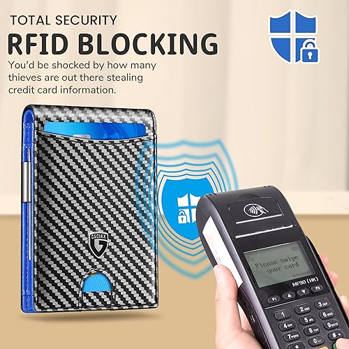 Miniatura 5 de GSOIAX Cartera delgada para hombre con clip para dinero, cuero minimalista con bloqueo RFID, plegable, pequeño bolsillo frontal delgado, billetera