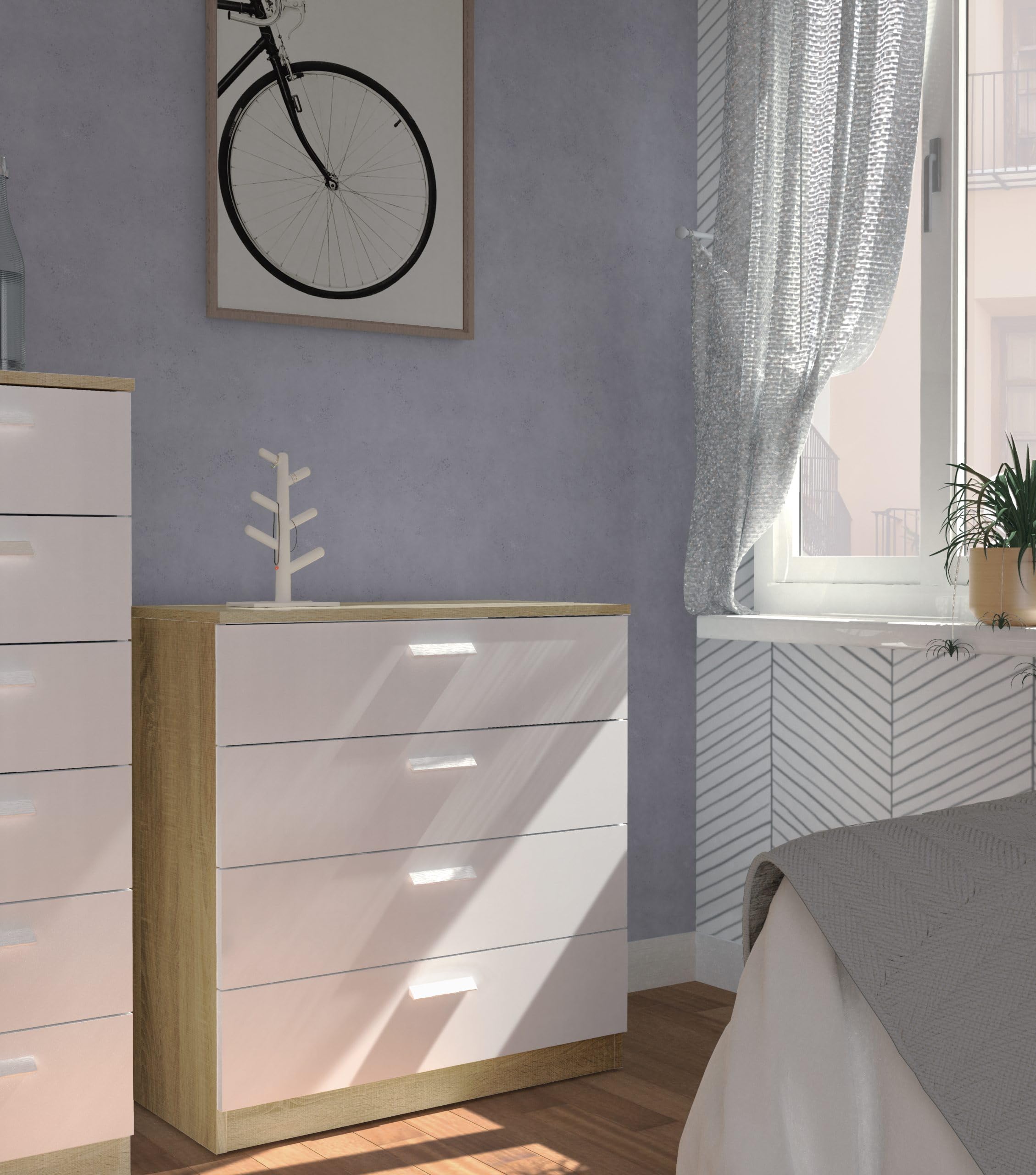 Muebles Pitarch | Comò 4 Cassetti Guide Metalliche, Comò per Camere, Bianco e Rovere Cambrian, 78x74x40 cm (altezza x larghezza x profondità), Collezione Tibet