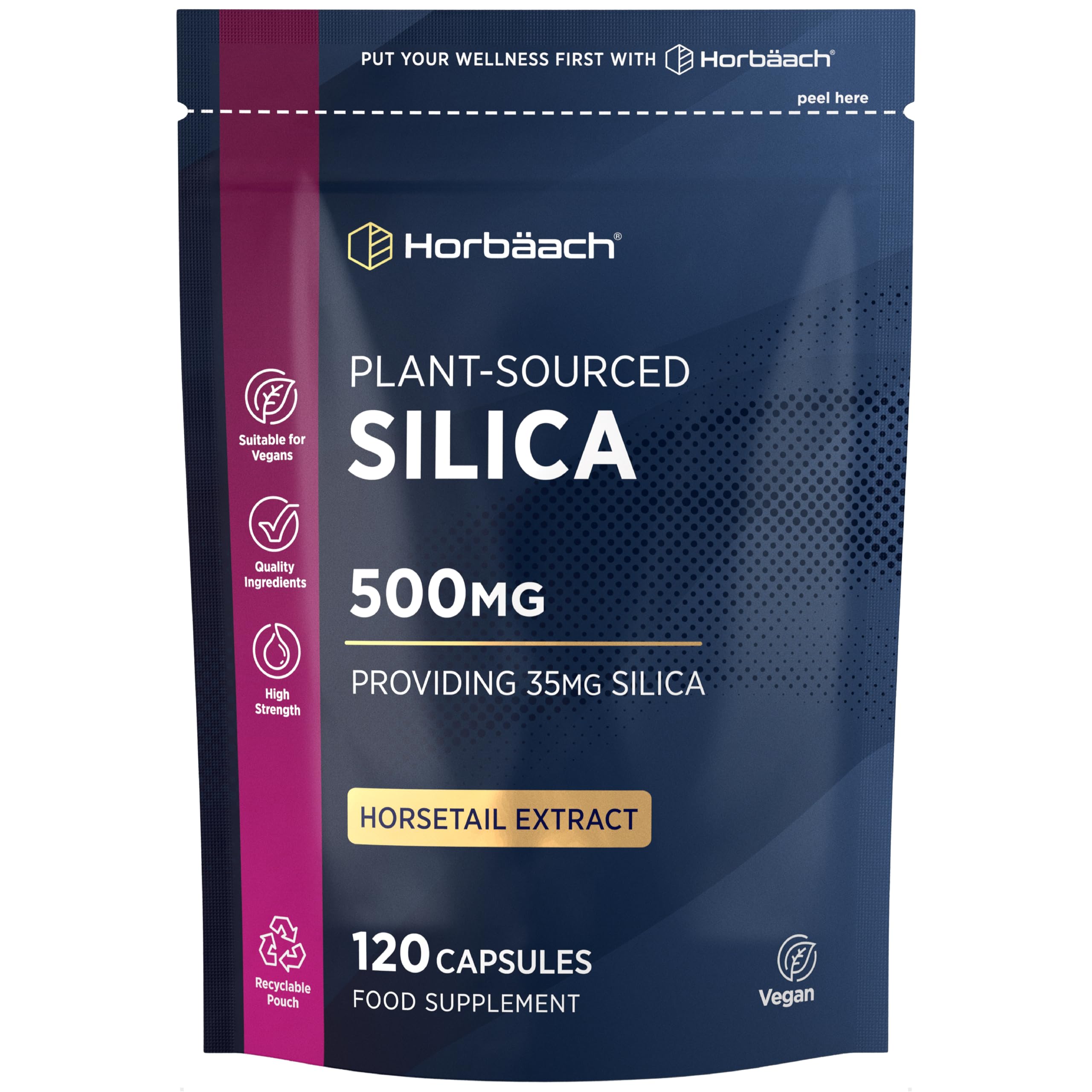 Silica Supplement 500mg | High Strength Silica from Horsetail Extract | 120 Powder Capsules | Vegan | 4 Month Supply | by Horbaach