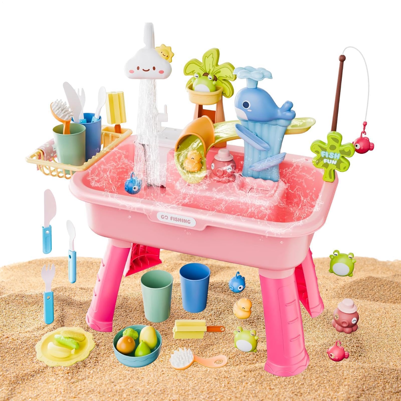 Water Table for Children, Sand and Water Table Toy Set, Funny Kids Waters Play Tables Electric Play Sink with Running W-ater, Removable Legs Waters Activity Tables Sensory Toys, for Boys Girls Outdoor