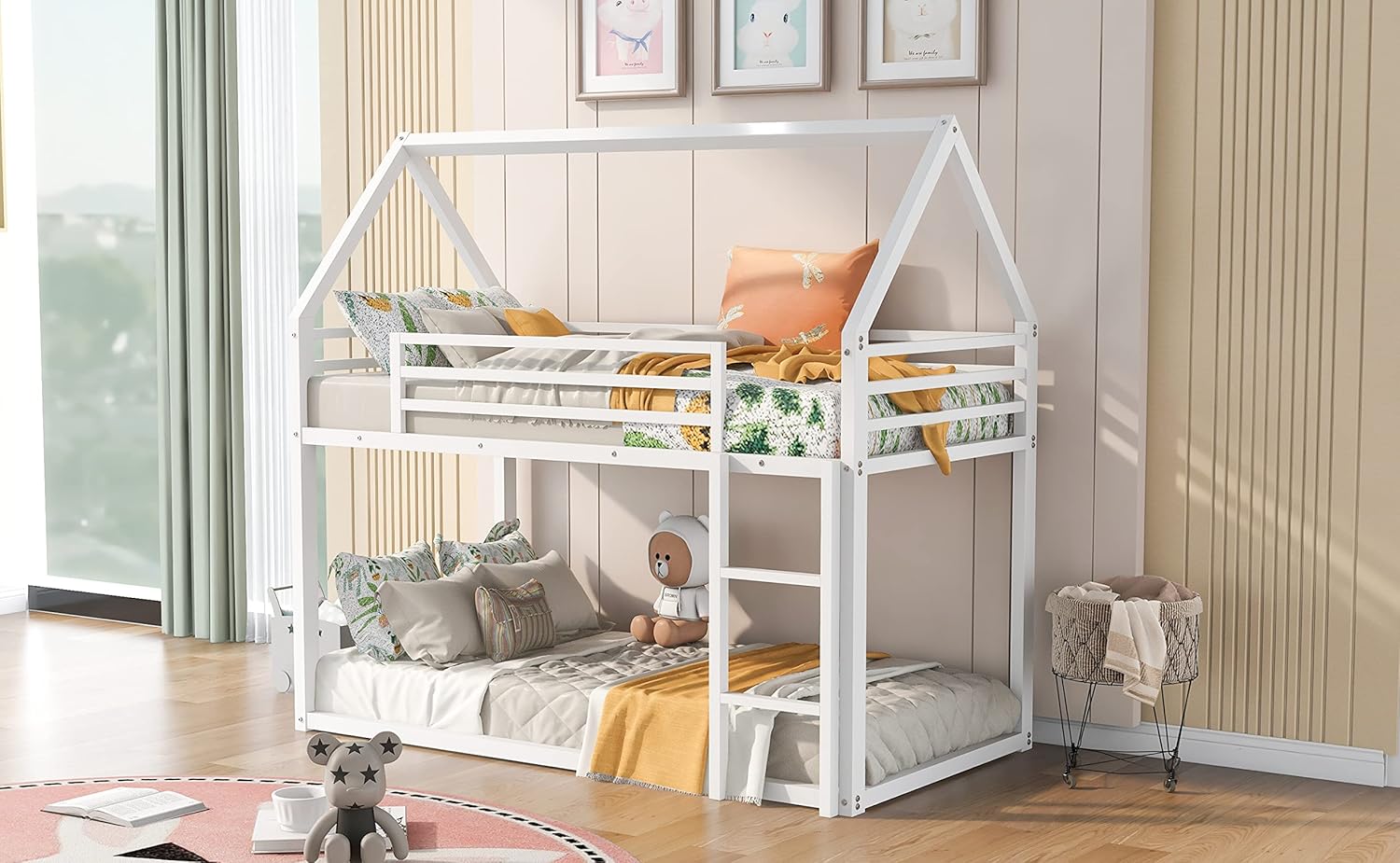 GDFStudio Twin Over Twin House Bunk Bed with Built in Ladder, Metal Bunk Bed Frame, Space Saving Design, High Guardrails, Reversible Ladder, No Box Spring Needed,White