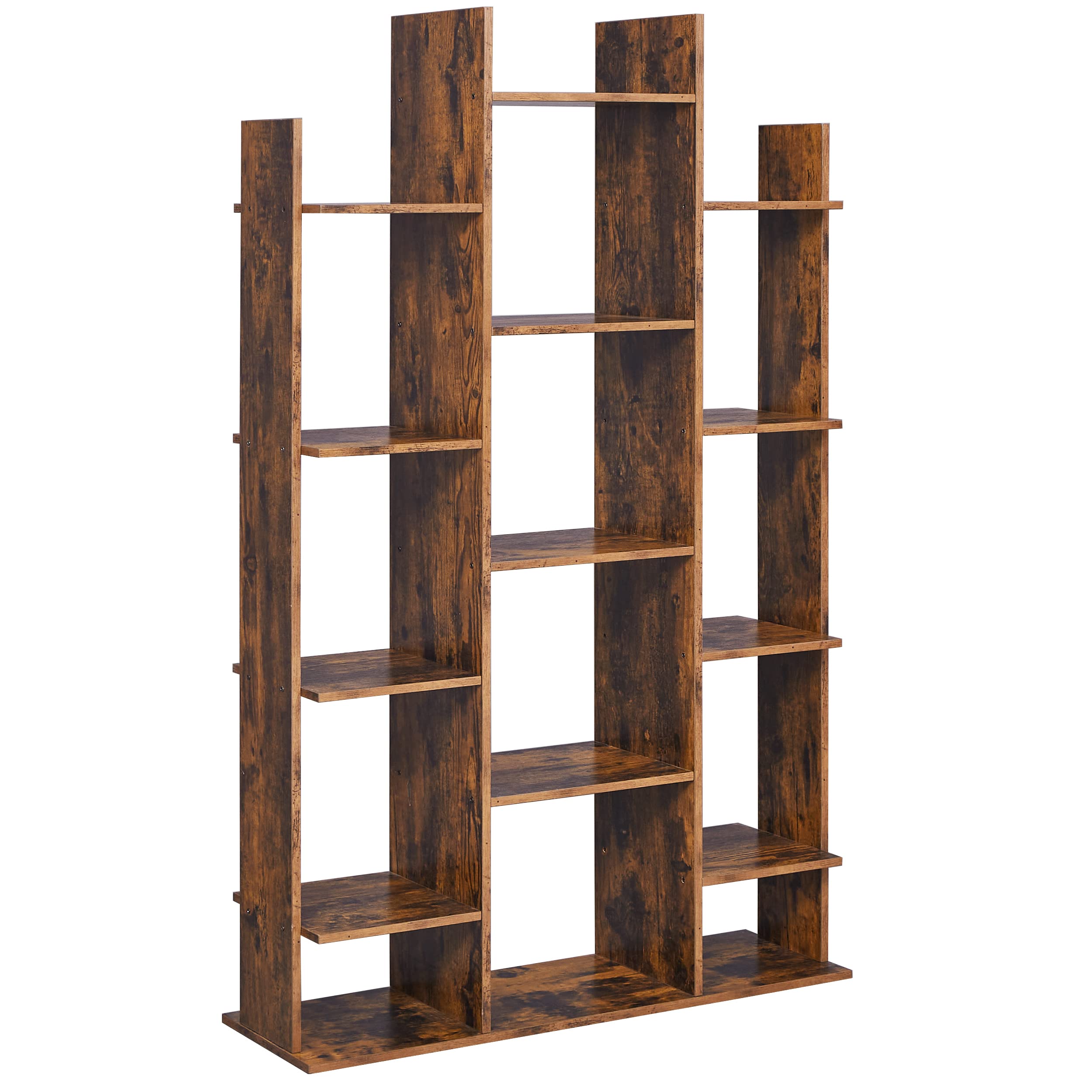Bookshelf,Tree Shaped Bookcase with 15 Storage Shelves,Rustic Wood Bookshelf,Industrial Shelf,Display Storage Rack, for Office, Living Room,Rustic Brown