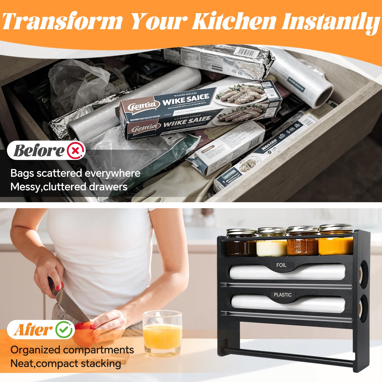 Portarrollos de cocina de madera 4 en 1 con dispensador de láminas y cortador, montaje en pared, soporte extraíble para rollo de cocina, papel de aluminio, film transparente, estante integrado