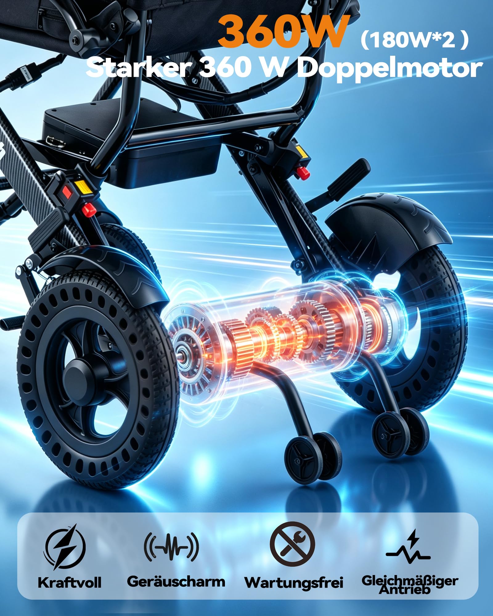 Elektrorollstuhl Faltbar Leicht, Elektrischer Rollstuhl, Tragbarer Elektro-Rollstuhl Mit 20km Reichweite, 120kg Tragkraft, Senioren Erwachsene Behinderte, Indoor Outdoor MobilitäTshilfe