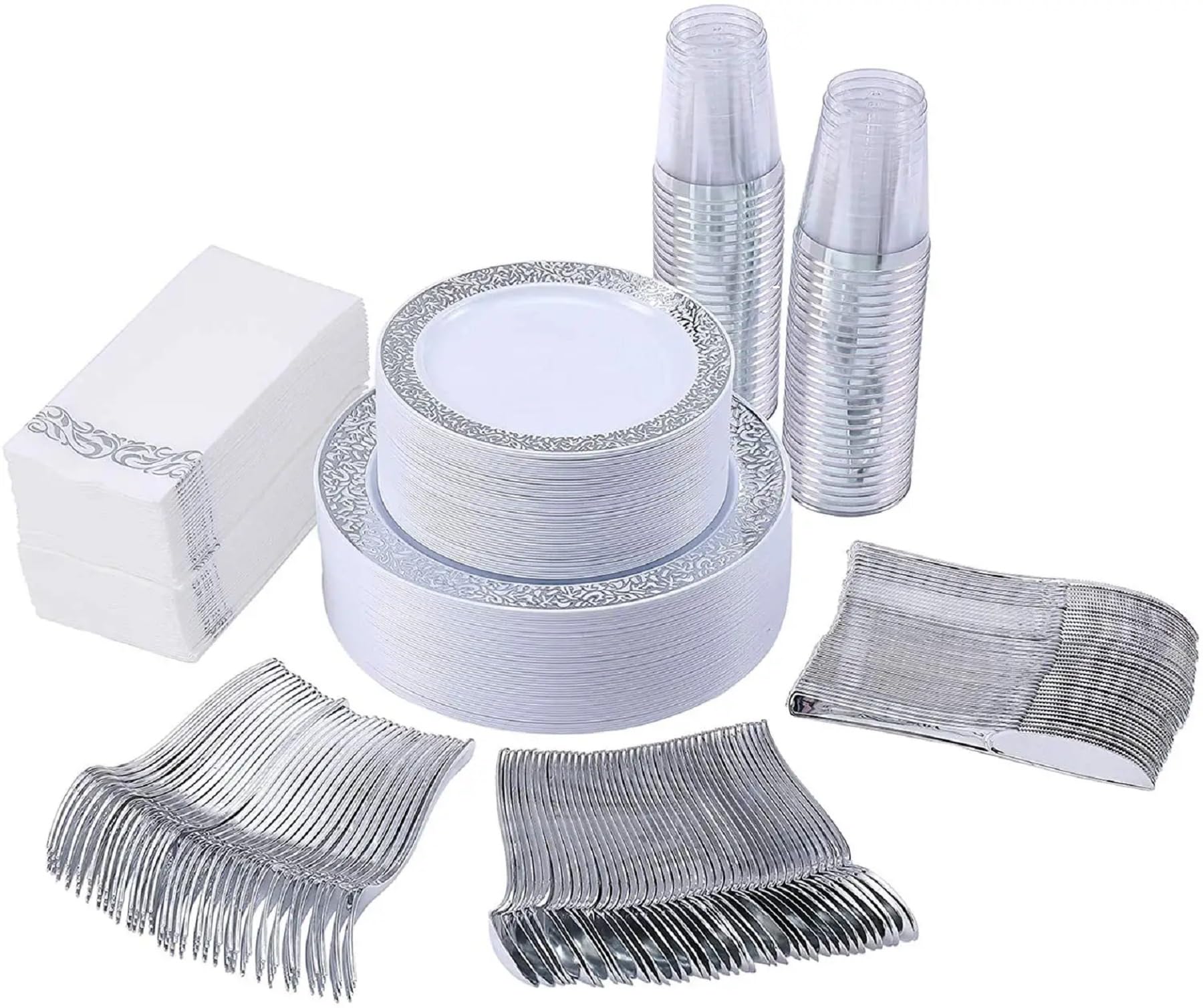 Silver Dinnerware Set for 25 Guests - 175pcs Disposable Heavy Duty Plastic Dinner and dessert Plates, Cups, Napkins, and Cutlery with Silver Lace Design- 25 each