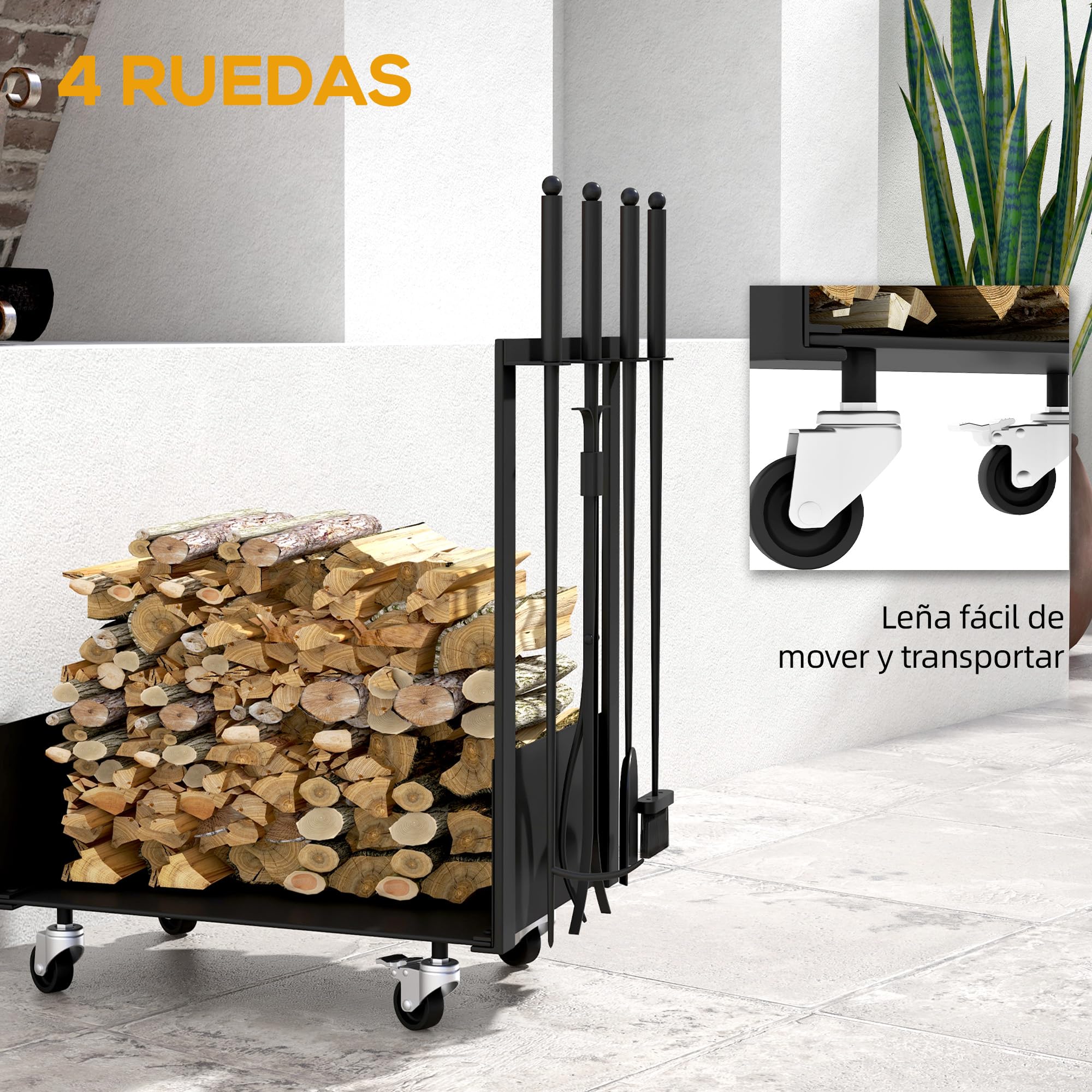 Outsunny Soporte para Leña con Ruedas Estante de Leña Metálico Leñero de Exterior con Pala Escoba Atizador y Tenazas 48x30x76 cm Negro