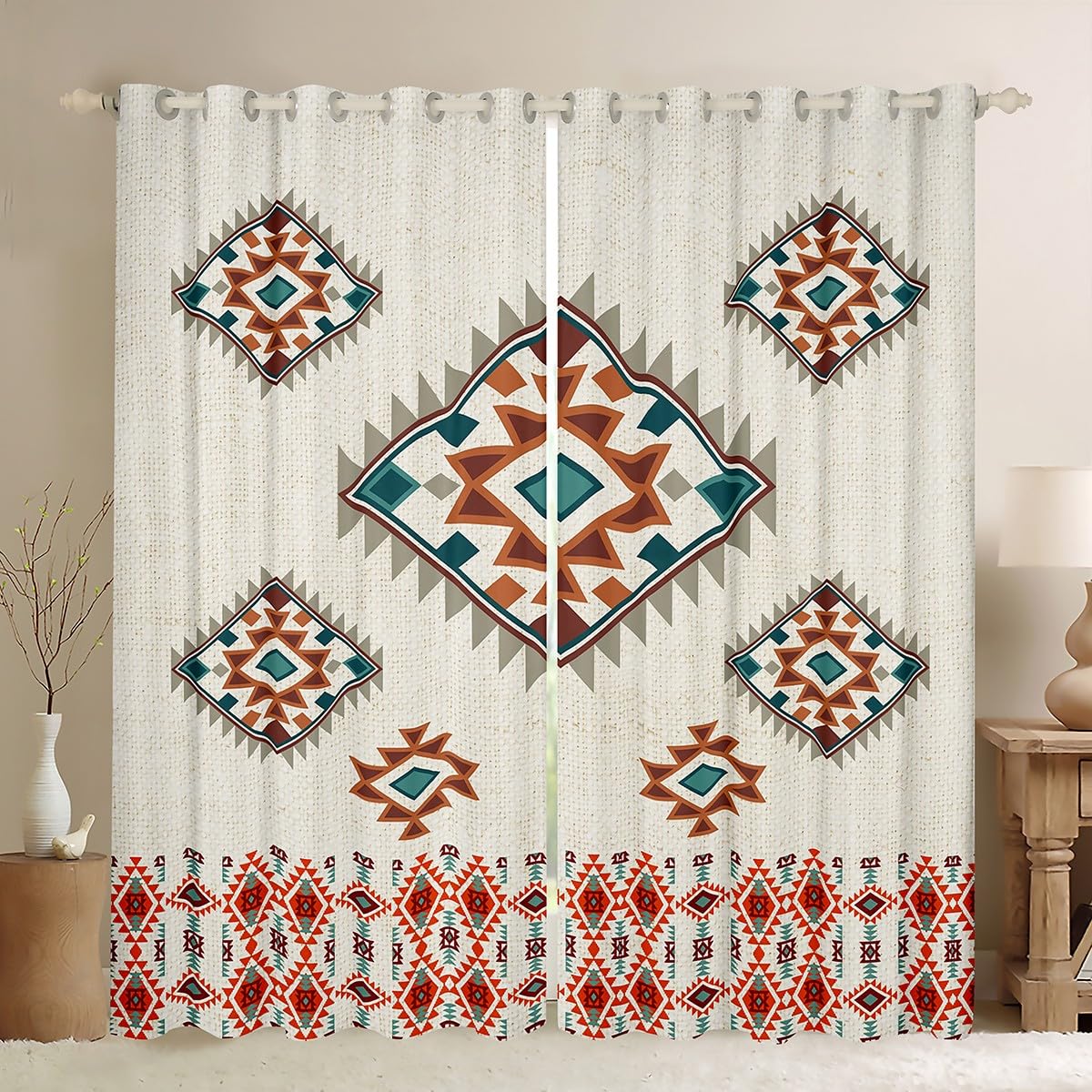 Manfei Ethnic Geometric Blackout Curtain American Indian Style Window Drapes for Kids Boys Girls, Navajo Tribal Style Window Treatments Grommet Top 2 Panel Set Bedroom Curtains, 46Wx72L inch