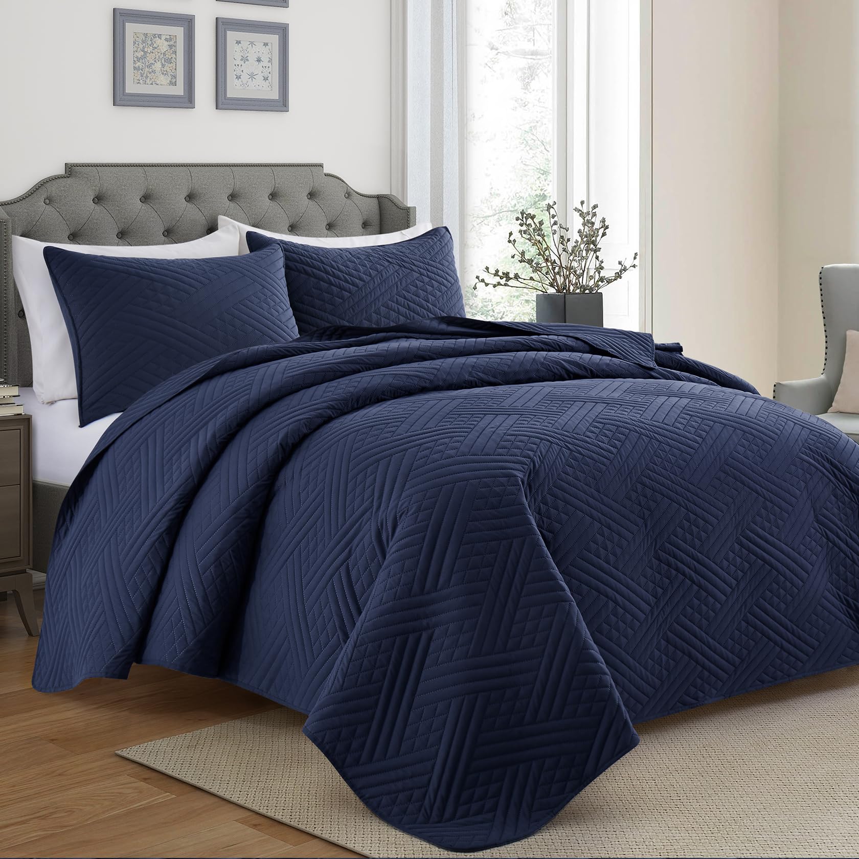 Lavsiry King Size Navy Quilt with Stripe Pattern, Summer Lightweight Thin Comforter Bedding Set, Soft Microfiber Bedspread & Coverlet for All Seasons - 3 Piece(1 Quilt, 2 Pillow Shams)