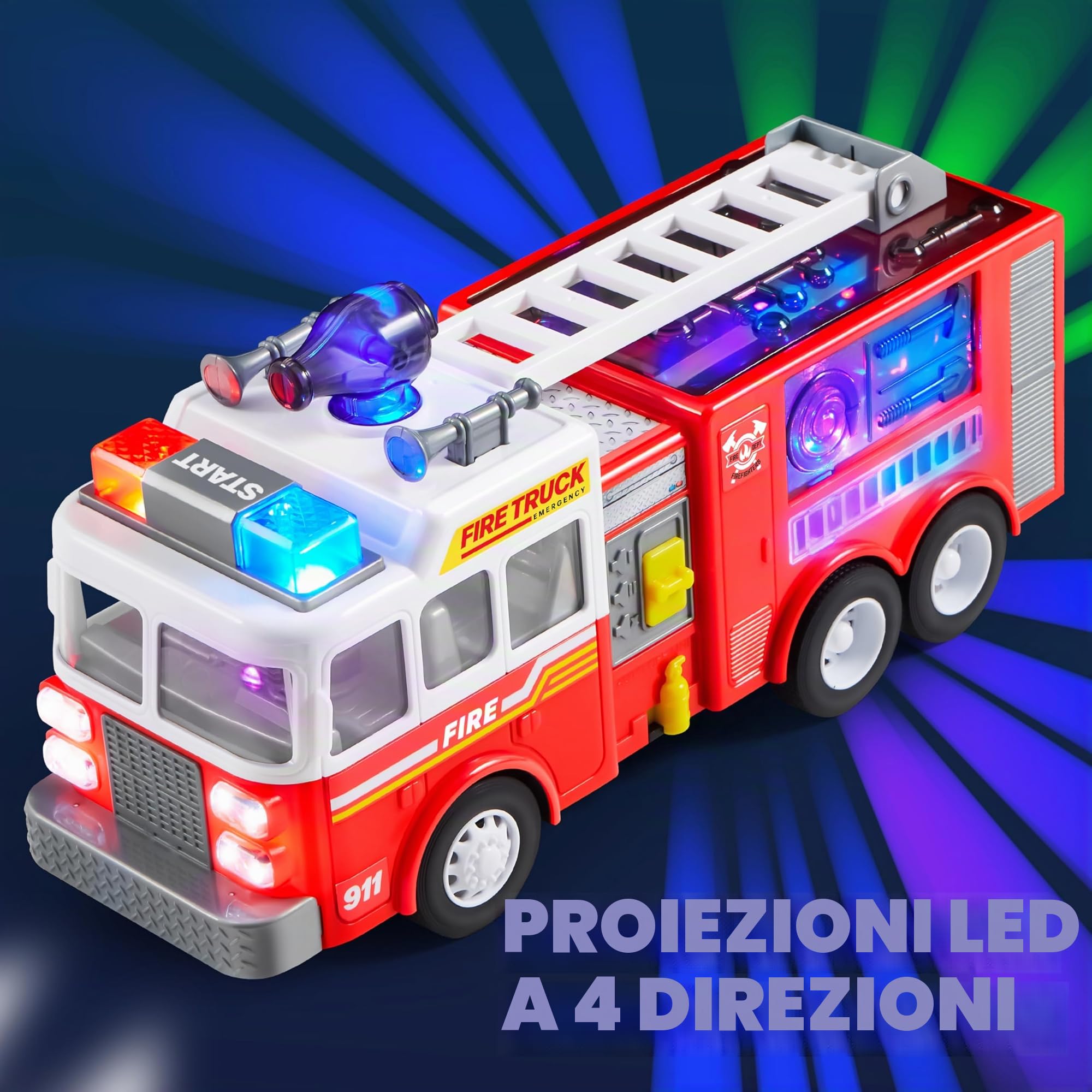 JOYIN Camion dei pompieri a LED, giocattolo per bambini, proiezioni a LED e sirene, camion dei pompieri con interruttore di modalità e controllo del volume, giocattolo per ragazzi e ragazze