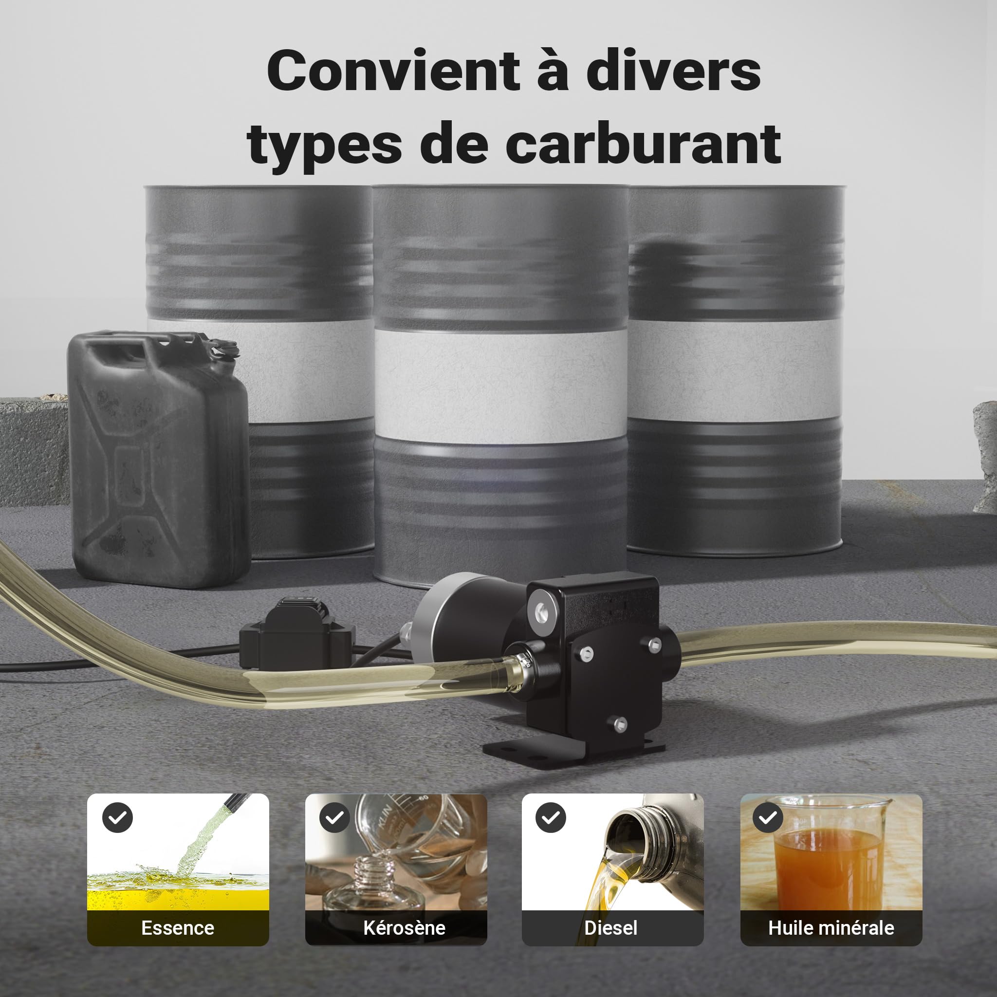 Wiltec Pompe de transfert essence et diesel – pompe 75 W – débit 14 l/min – refoulement max. 6 m, aspiration max. 1,5 m – Transvasement vide fût