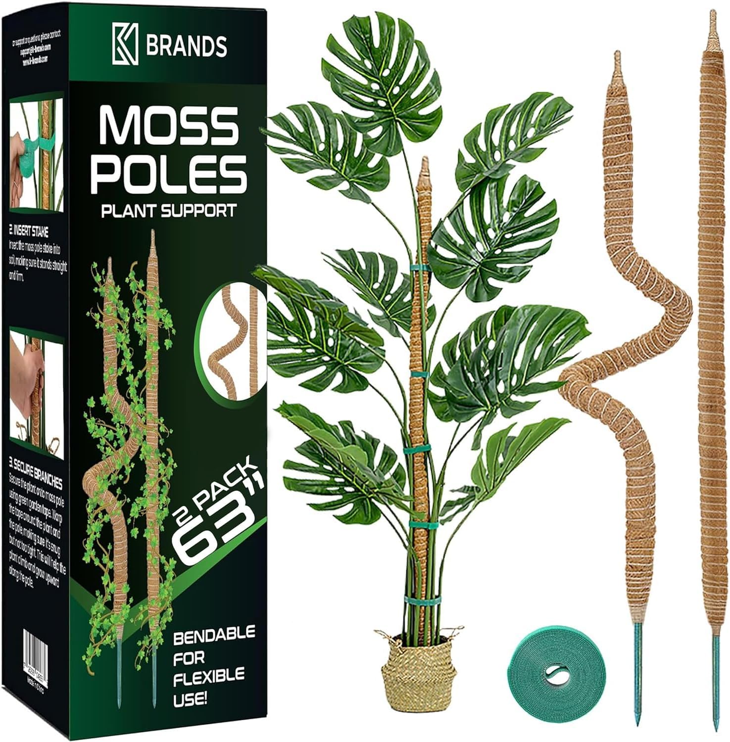 K-Brands 160 cm Moosstab für Monstera 2 Pack Biegsame Kokosfasern Pflanzenstütze für Kletterpflanzen -Rankhilfe für Monstera - Rankhilfe Blumenstab - Pflanzstab mit 3 m Pflanzenbinder