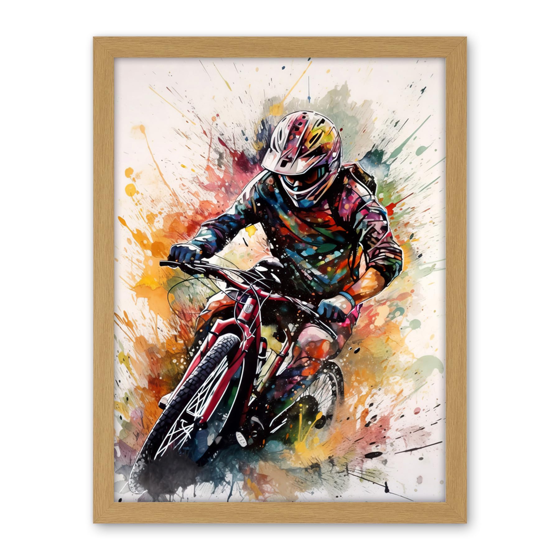 Artery8 Mountain Biker Action Shot Paint Splat Portrait Artwork Framed Wall Art Print 18X24 Inch