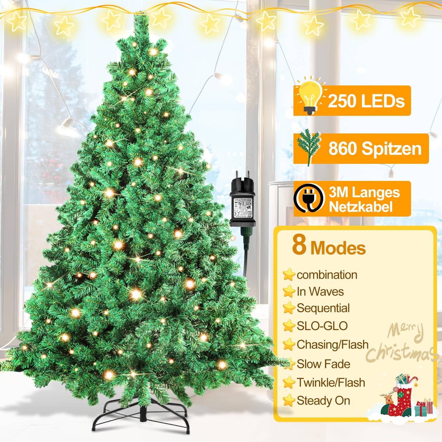 Randaco Árbol de Navidad Artificial con iluminación, 180 cm, 860 Puntas con despliegue automático, de PVC, 250 ledes, luz Blanca cálida, Incluye Soporte de Metal, difícilmente inflamable