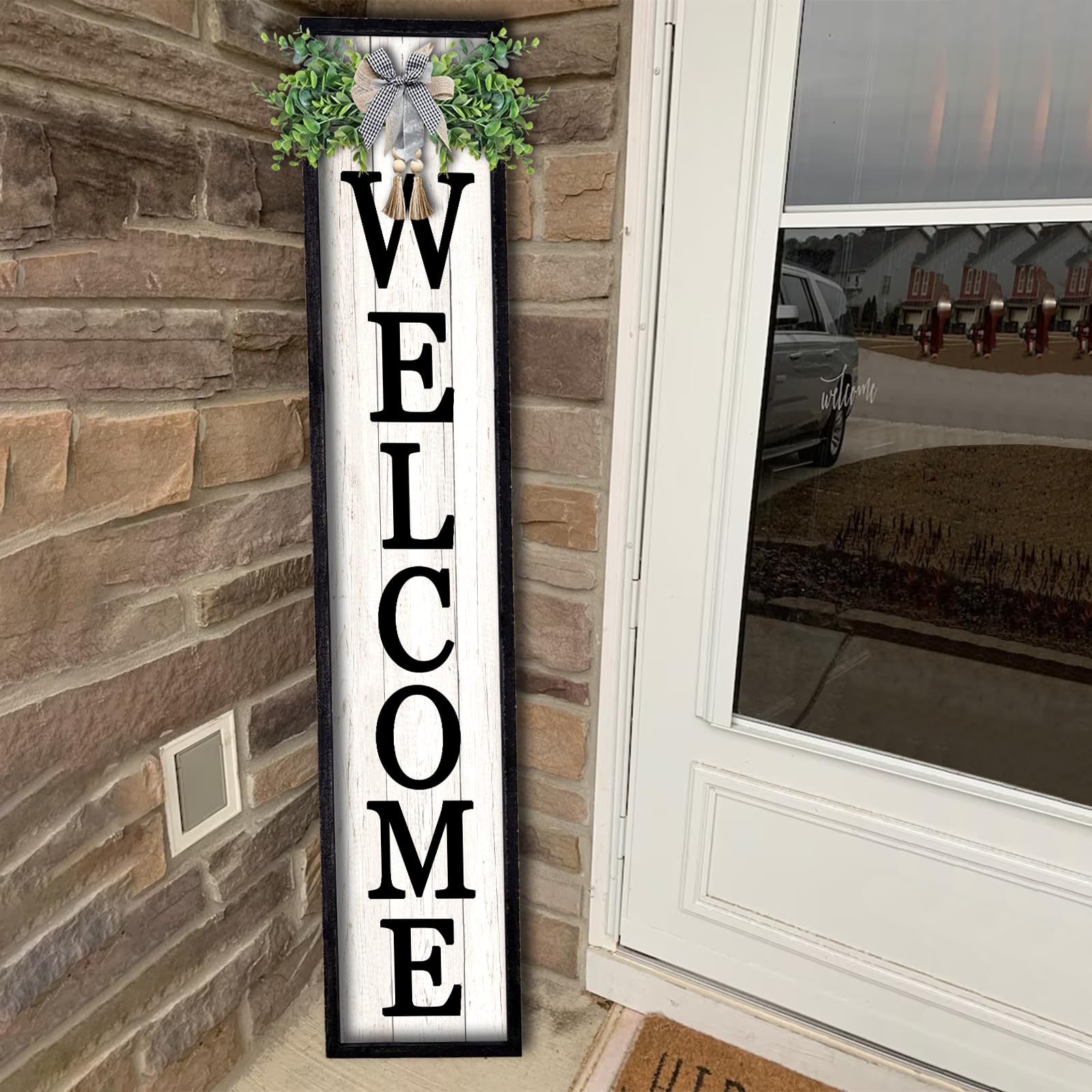 Outdoor Welcome Sign for Front Porch Standing 45"X9" Tall Wood Frame Vertical Leaner farmhouse Outside Rustic Large Welcome Sign for Front Door Home Decorations (Black)