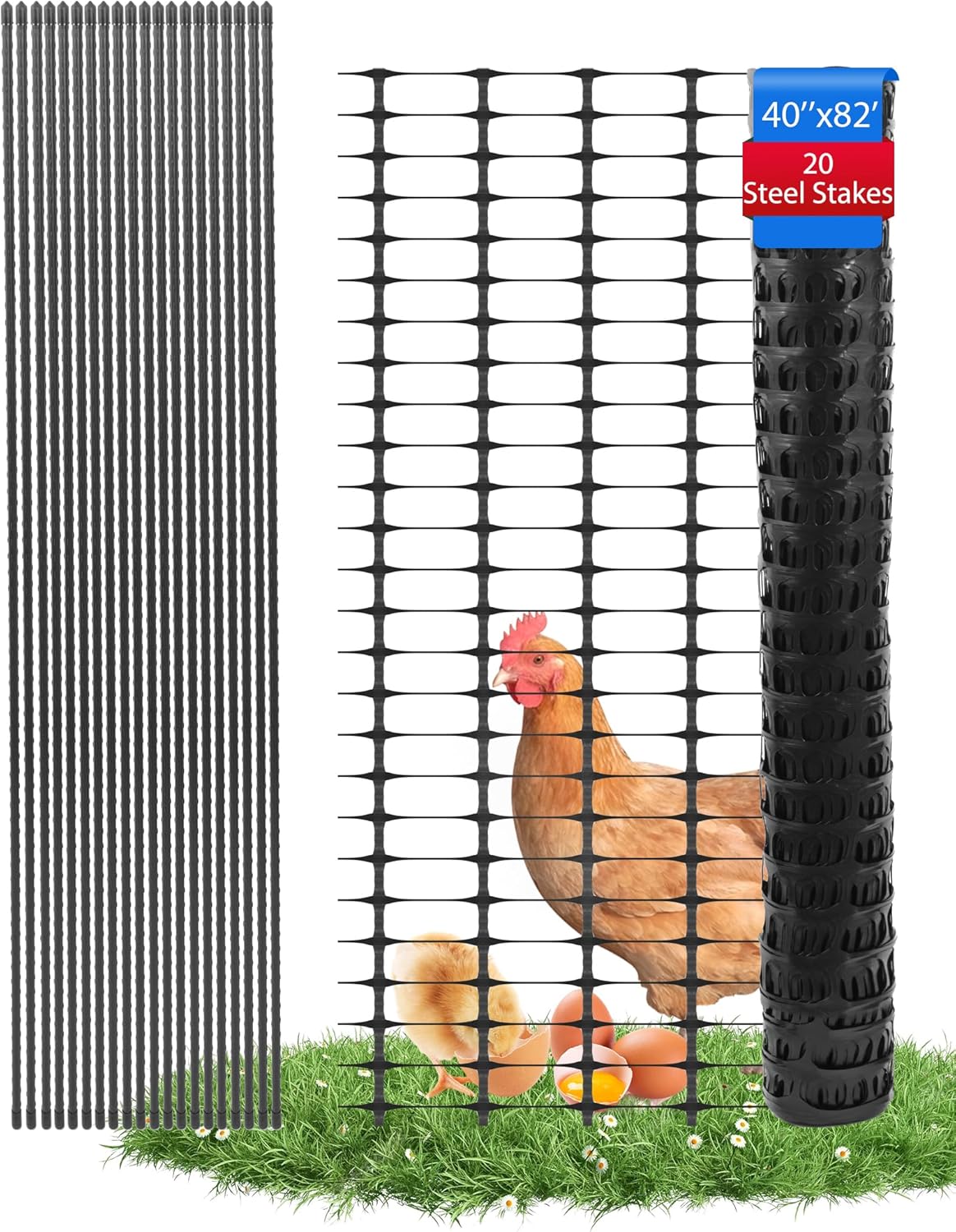 Garden Fence Animal Barrier, Snow Fence Temporary Fence Kit 40 in X 82 Ft, Plastic Safety Fence with 20 45-Inch Steel Stakes and 100 Zipper, Garden Fencing Temporary Fencing for Backyard 40"x82' Black