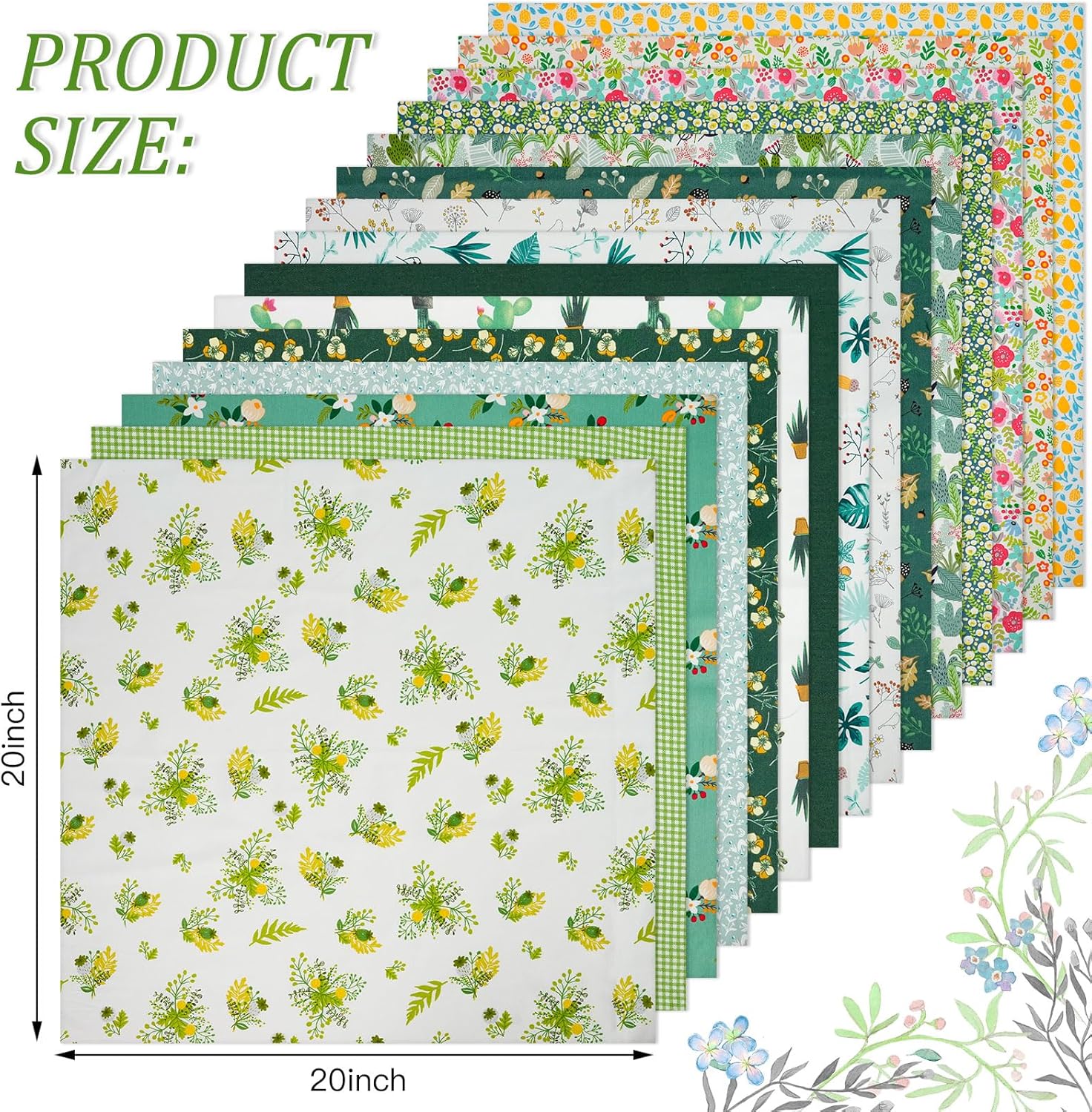 Fat Quarter Cotton Fabric Bundle 15Pcs 20x20 Inch Premium Cotton Quilting Fabric, Pre-Cut Quilt Squares for DIY Sewing, Quilting, Crafting, Patchwork & Home Decor Projects(Green)