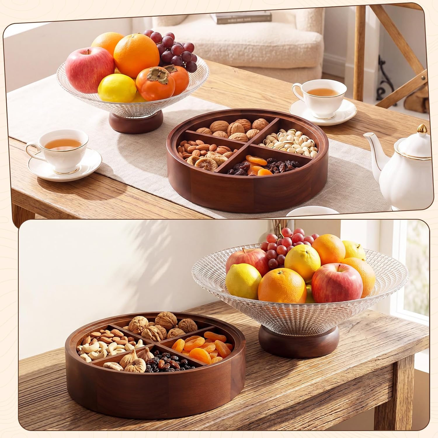 Blushtier Acacia Wood Snack Box with Glass Lid 8" Removable 4 Compartment Serving Tray Candy Nut Organizer Chip Dip Platter for Party Fruit Coffee Table Home Decoration Storage Box image 5