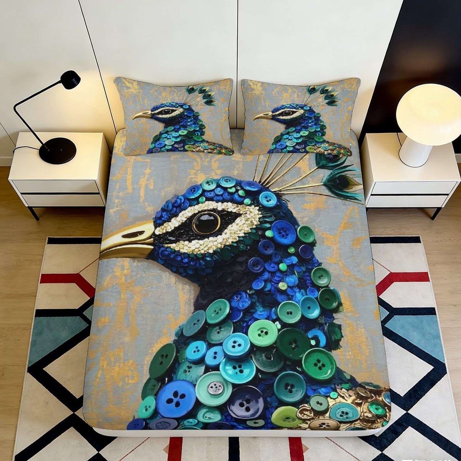 3D Printed Peacock Blue Fitted Sheet Microfiber Anti-Slip Artistic Bed Cover for Bedroom Guest Room Mattress Protection 90x200x25cm