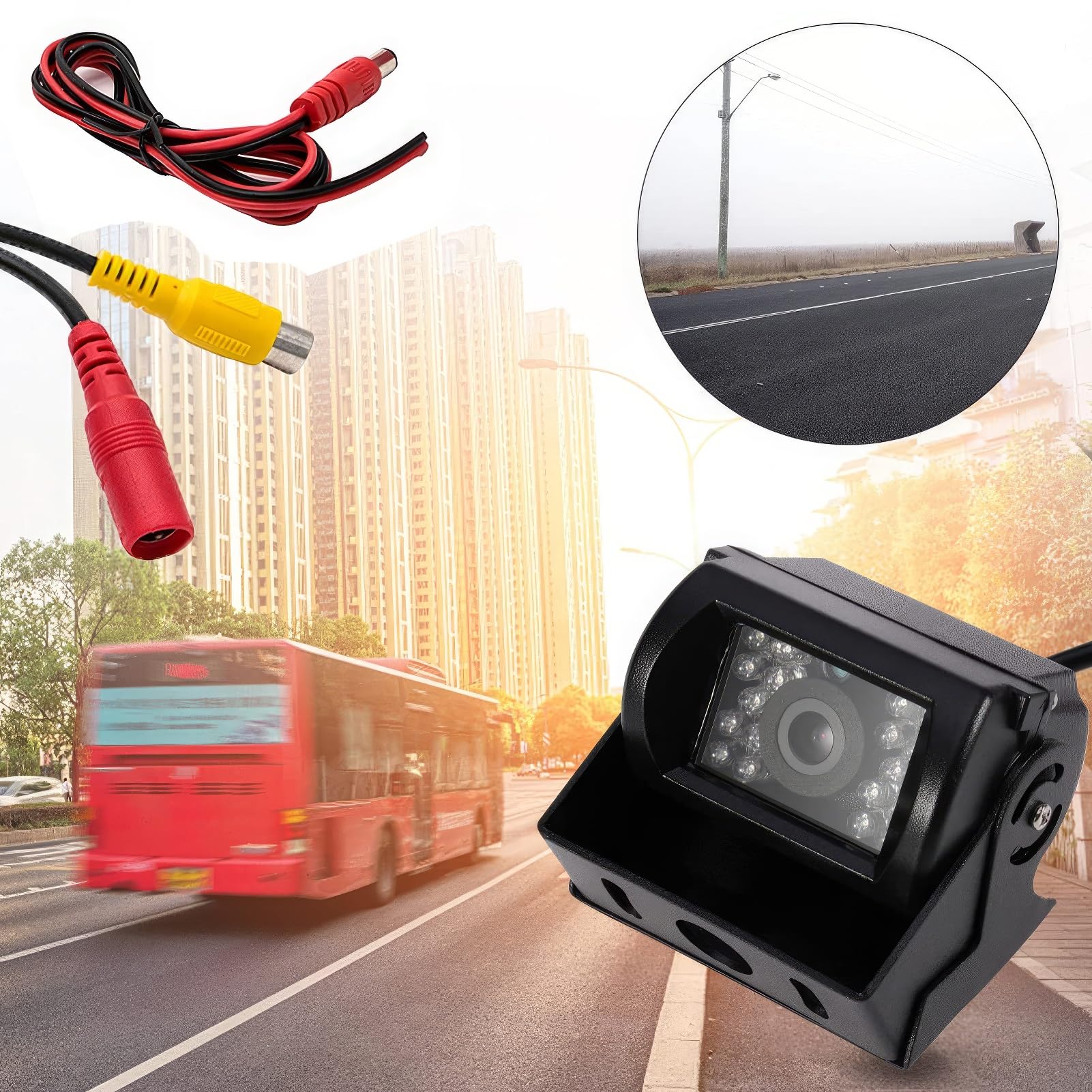 Riloer Telecamera di retromarcia per auto, telecamera di backup HD 9V-36V, telecamera CCD con vista frontale impermeabile per camion rimorchio autobus, con 18 LED a infrarossi per visione notturna